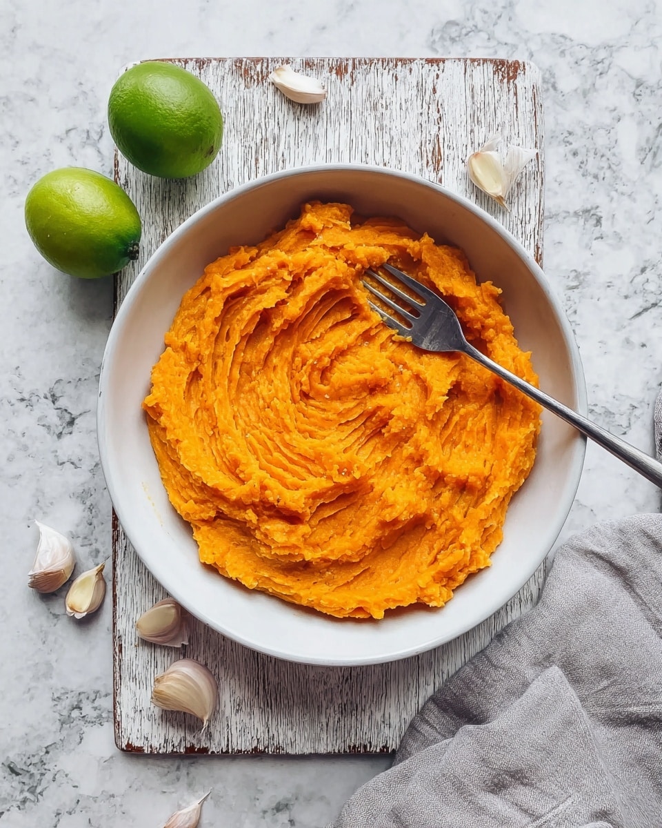 A white bowl filled with one layer of bright orange mashed sweet potatoes showing ridged textures on the surface from a fork pressing down, the fork resting diagonally inside the bowl; the bowl is placed on a rustic white distressed wooden board on a white marbled surface, with two green limes at the top left, two cloves of garlic at the top right, and a whole garlic bulb at the bottom left, along with a grey cloth partially visible at the bottom right. photo taken with an iphone --ar 4:5 --v 7