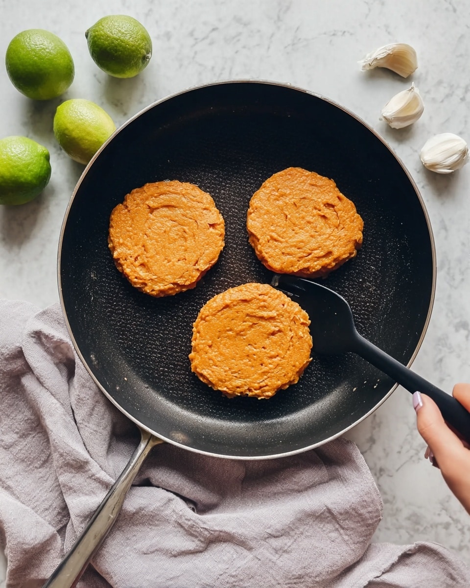 A black frying pan holds three thick, round, orange patties cooking in oil, with a black spoon pressing down on the top right patty. The pan rests on a wooden board over a white marbled surface. Around the pan are two green limes, two garlic cloves, a whole garlic bulb, and a light gray cloth. The scene looks natural and clean. photo taken with an iphone --ar 4:5 --v 7