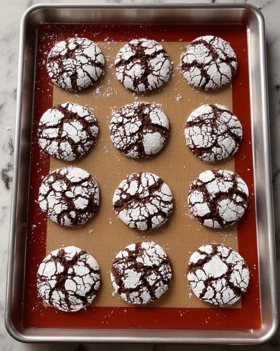 A metal baking tray holds a silicone baking mat with twelve round chocolate cookies arranged in a 3x4 grid. Each cookie has a deep brown cracked surface covered unevenly with bright white powdered sugar that settles in the cracks, creating a contrast between dark and light. The cookies look soft with a textured finish on the top. The tray sits on a white marbled stone surface. Photo taken with an iphone --ar 4:5 --v 7