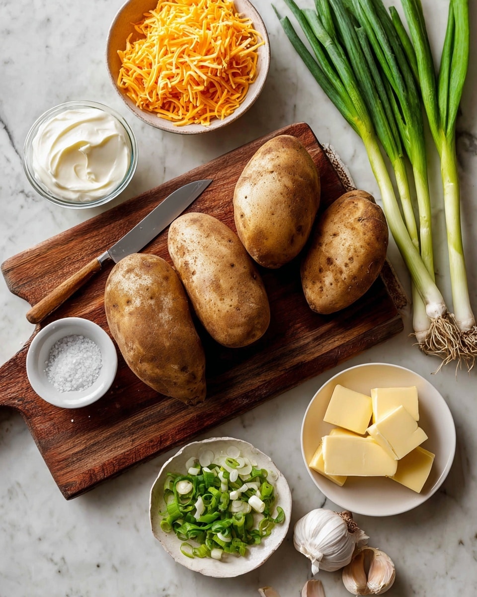 A white marbled surface holds four large russet potatoes with brown, rough skin evenly spaced in the center. On the left, a round white bowl filled with shredded orange cheddar cheese sits next to a small glass bowl of smooth, white sour cream. Below, a small white bowl with coarse salt rests near a dark wooden cutting board that supports a pile of fresh, chopped green onions and four whole green onion stalks, with a knife placed diagonally among them. On the right, a small white bowl contains several rectangular yellow butter pieces, positioned beside a partially peeled garlic bulb with several white cloves visible. Photo taken with an iphone --ar 4:5 --v 7