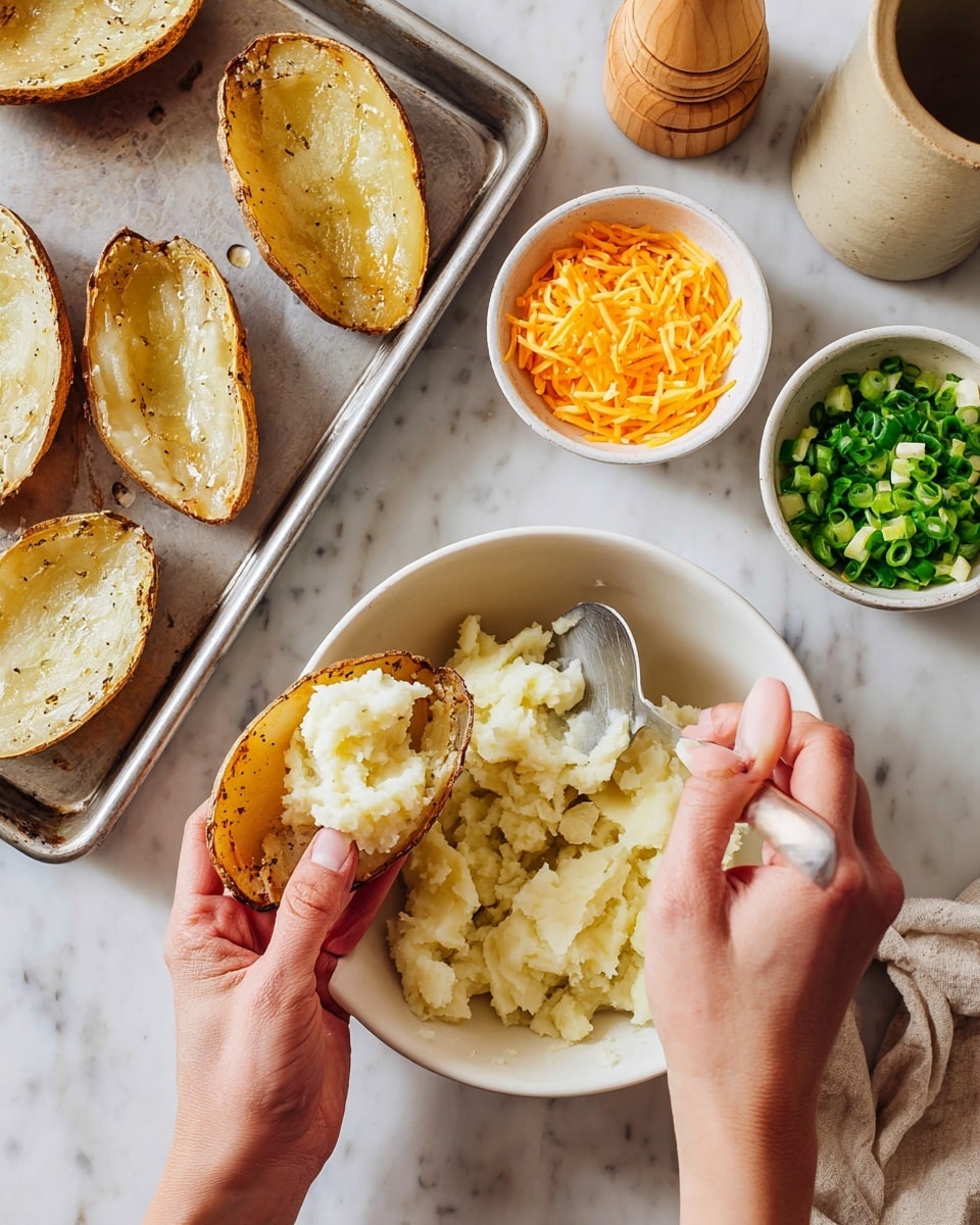 A woman’s hand holds one toasted potato skin with a golden brown edge and a slightly rough texture on the inside, while another woman’s hand scoops fluffy, creamy mashed potato filling from a large white bowl into the potato skin, with five empty potato skins on a metal tray nearby. Above them, there are two small white bowls, one filled with bright orange shredded cheese and the other with finely chopped green onions, all set on a white marbled surface with a beige ceramic cup and a wooden pepper grinder nearby. photo taken with an iphone --ar 4:5 --v 7