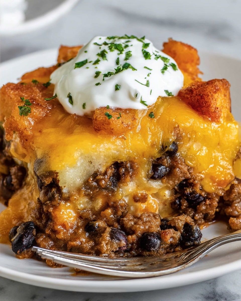 A close-up view of a layered dish served on a white plate, showing three main layers. The bottom layer is a mix of cooked ground meat and black beans with a moist, textured brown appearance. Above it is a thick layer of melted yellow cheddar cheese, gooey and slightly browned in some spots. The top layer consists of crispy golden-brown fried pieces. Sitting on the top is a dollop of white sour cream, sprinkled with small green chopped herbs. A silver fork rests on the edge of the plate against a white marbled surface. Photo taken with an iphone --ar 4:5 --v 7