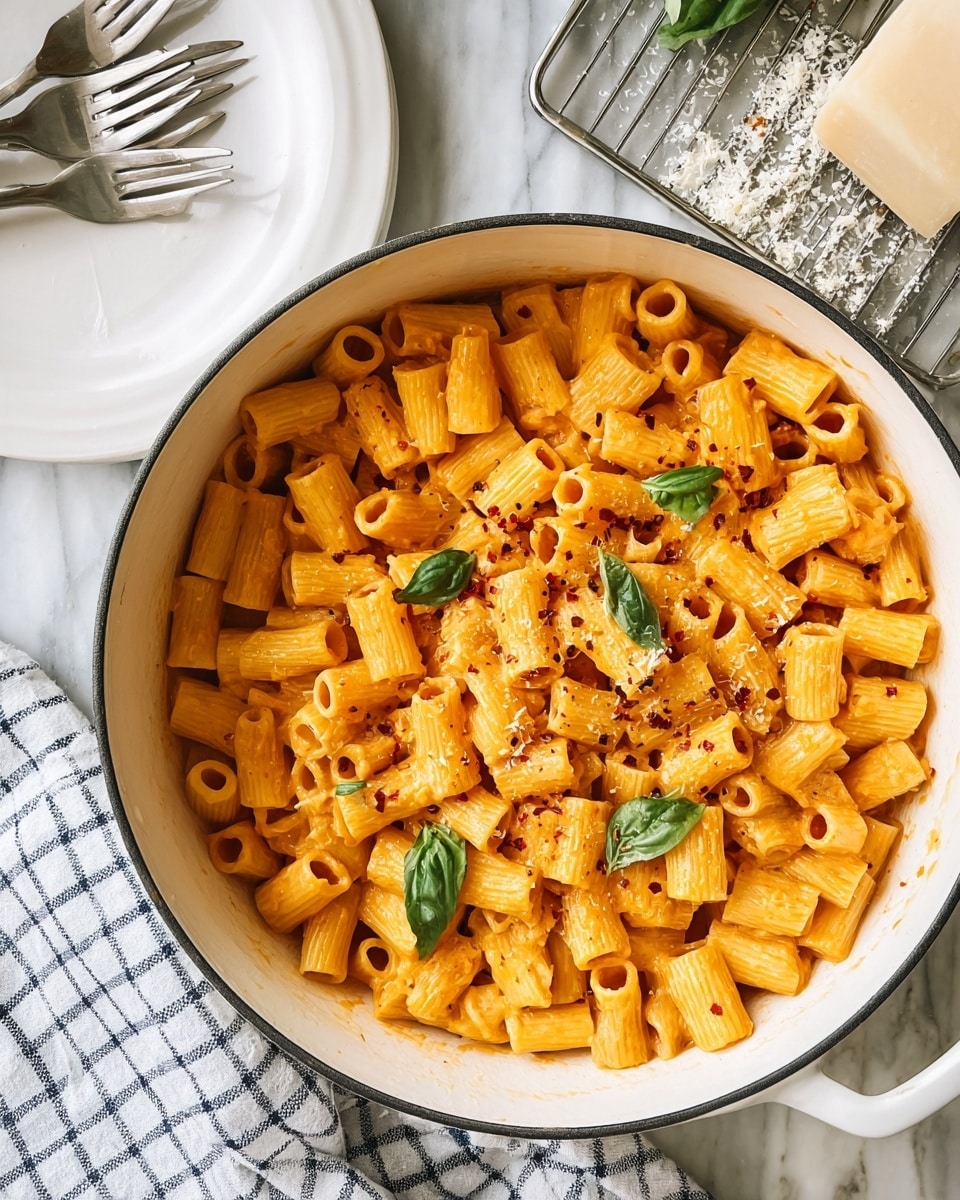 The image shows a white pot filled with short tube-shaped pasta coated in a light orange sauce. On top of the pasta, there are small green basil leaves scattered evenly. The pasta surface has a few sprinkled red pepper flakes and grated cheese bits. The pot is placed on a white marbled surface with part of a checked blue and white cloth visible under it. To the left, there is a white plate holding two silver forks. In the top right corner, some grated cheese is spread lightly on the surface near a white block of cheese on a metal rack. photo taken with an iphone --ar 4:5 --v 7