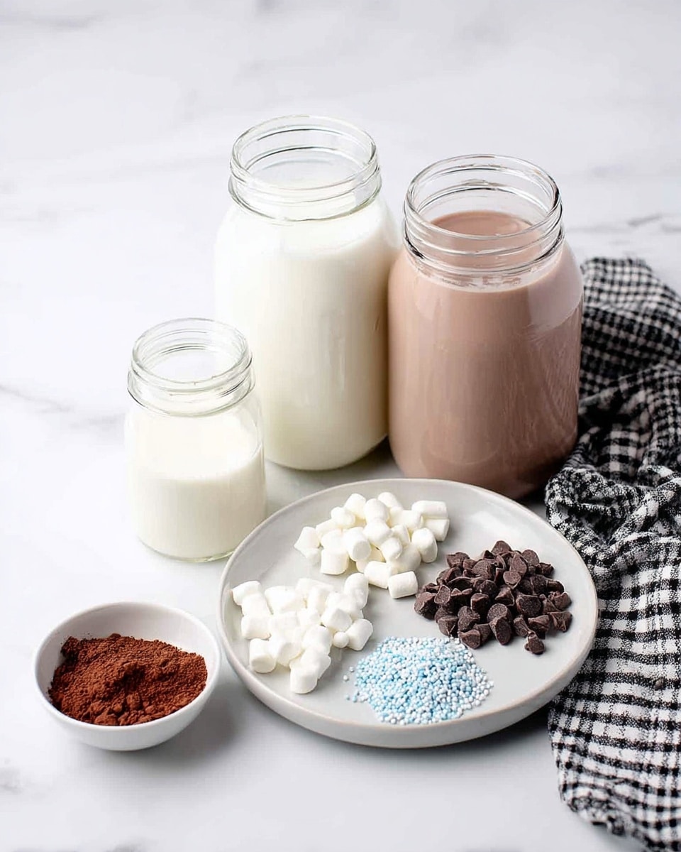 The image shows a clean white marbled surface with three glass jars filled with liquids: one larger jar with white milk on the left, a bigger jar behind it filled with light brown chocolate milk, and a small jar with white cream or milk in front. To the right, there is a white plate with six groups of toppings arranged in small piles: white mini marshmallows, white sugar crystals, light blue and white sprinkles, small dark chocolate chips, dark brown chocolate sprinkles, and chopped chocolate pieces. In front of the plate, there is a small white bowl with cocoa powder. A black and white checkered cloth is placed on the right side of the setup. Photo taken with an iphone --ar 4:5 --v 7