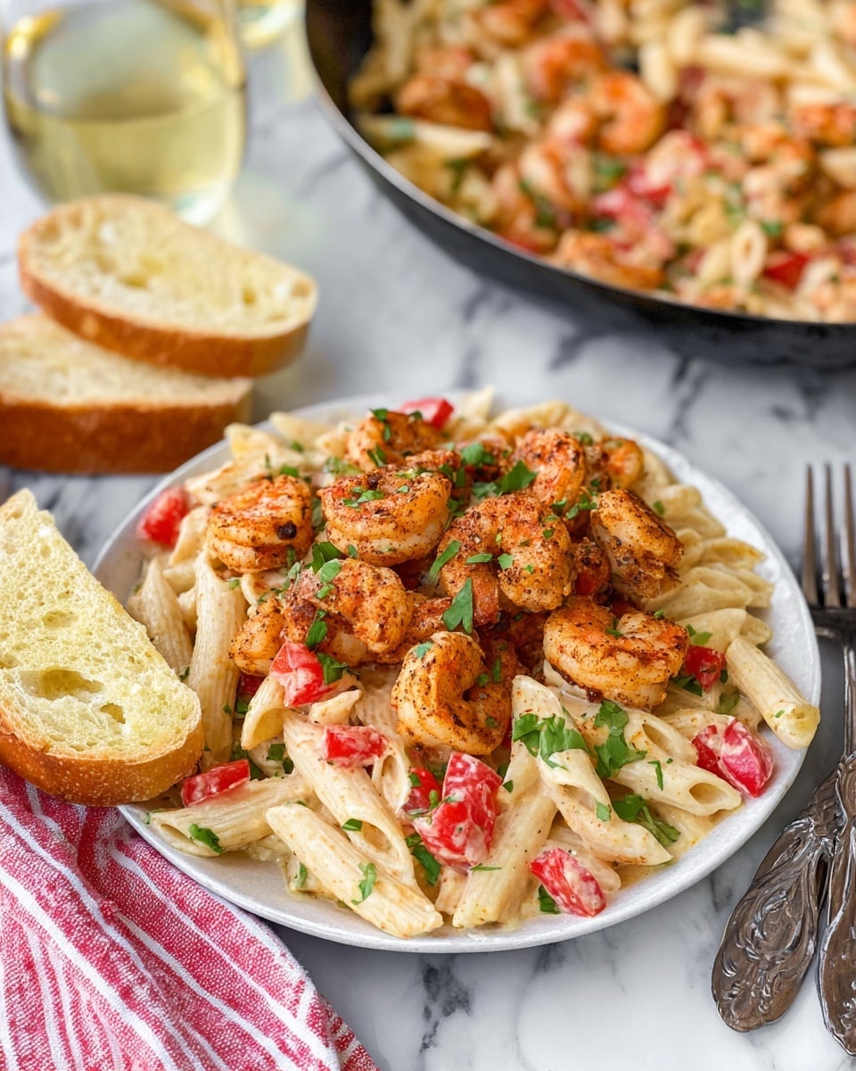 A white plate holds a layered dish starting with creamy penne pasta coated in a light-colored sauce spread evenly on the bottom. On top of the pasta, there is a layer of cooked shrimp that have a reddish-orange color with a textured, spiced surface. Scattered around the shrimp are small pieces of red tomato and chopped green herbs, adding color contrast to the dish. To the side, a piece of sliced bread with a golden, slightly toasted crust rests on the white marbled surface. In the background, there is a glass of light yellow wine and a pan filled with more shrimp and pasta. A striped red and white cloth lies underneath two forks beside the plate. Photo taken with an iphone --ar 4:5 --v 7