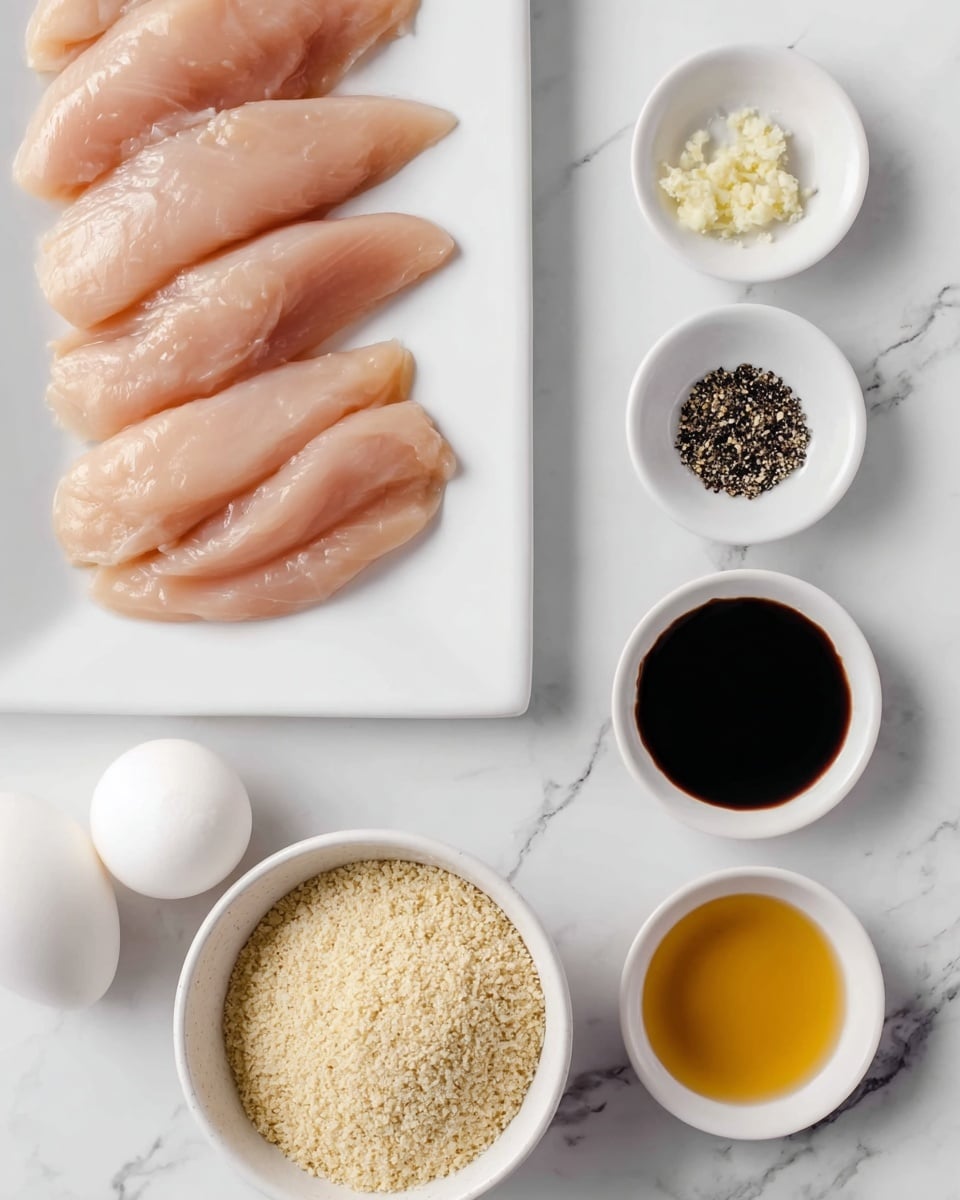 The image shows raw pale pink chicken tenders laid out neatly on a white rectangular plate placed on a white marbled surface. To the right of the plate, there are three small white round dishes lined up vertically: the top dish contains a sprinkle of black pepper, the middle dish has a small heap of minced garlic, and the bottom dish is filled with dark soy sauce. Below them, another white round dish holds a golden honey-like liquid. On the left side toward the bottom, there is a white bowl filled with pale beige breadcrumbs. At the very bottom left corner, two whole white eggs are placed directly on the marbled surface. photo taken with an iphone --ar 4:5 --v 7
