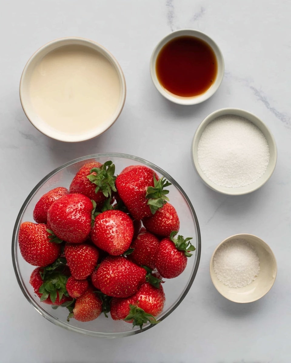 A clear round bowl filled with many bright red strawberries with green leaves sits on a white marbled surface. Around it are four white bowls: one filled with light cream, one with a dark brown liquid, one with white granulated sugar, and one with a fine light powder. The bowls are neatly spaced around the strawberries, creating a simple and clean arrangement. photo taken with an iphone --ar 4:5 --v 7
