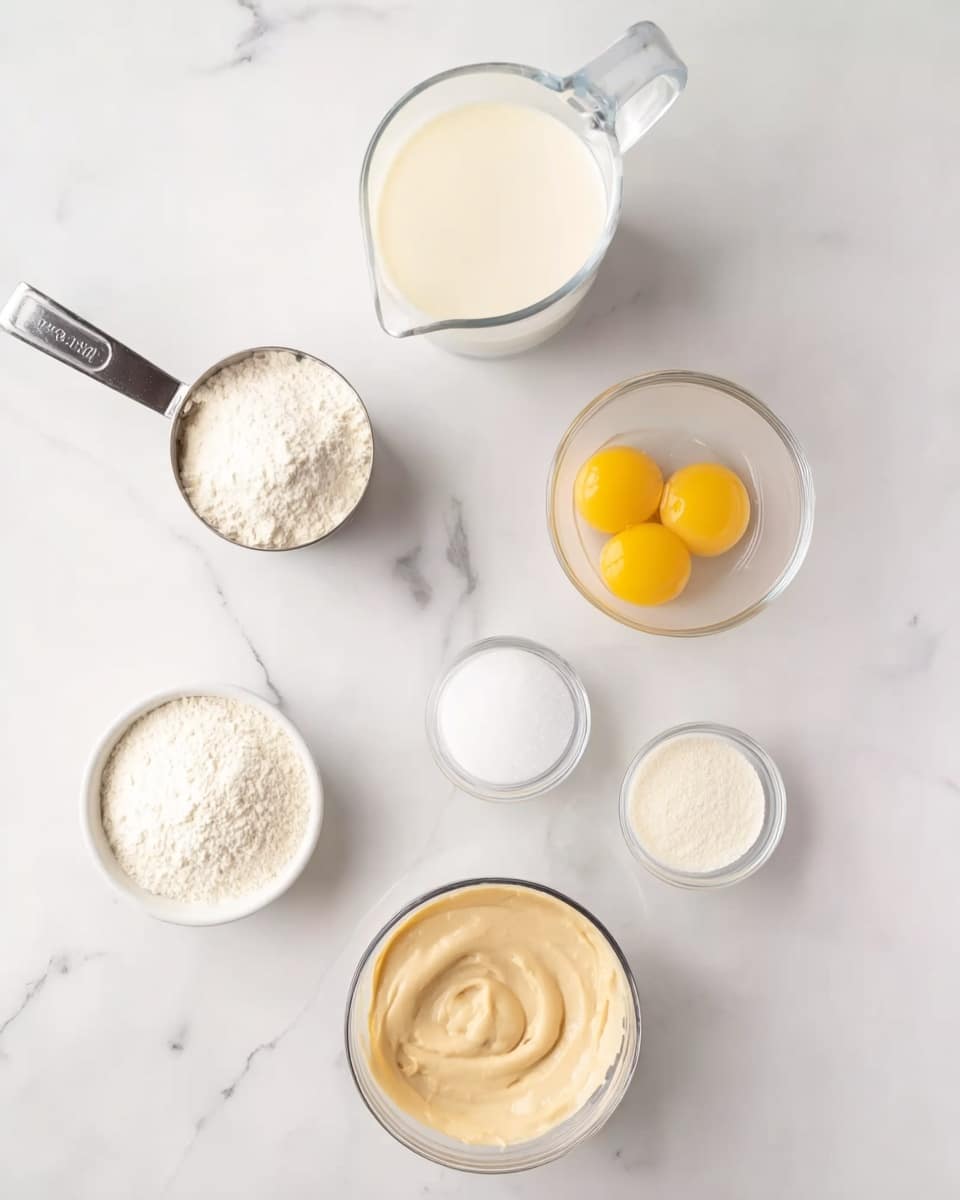 The image shows seven small containers of baking ingredients arranged on a white marbled surface. At the top center is a clear white measuring cup filled with a pale liquid, likely milk. Below it to the right is a clear bowl with three raw yellow egg yolks. Below the egg yolks is a clear measuring cup with a thick, beige batter. To the left of this batter is a metal measuring cup filled with white granulated sugar. Above that is a small white bowl with white powder, likely baking powder, and on the far left side are two small white bowls containing different white powders, possibly flour and cornstarch. The colors range from white powders to creamy beige batter and yellow yolks, all neatly spaced out. Photo taken with an iphone --ar 4:5 --v 7