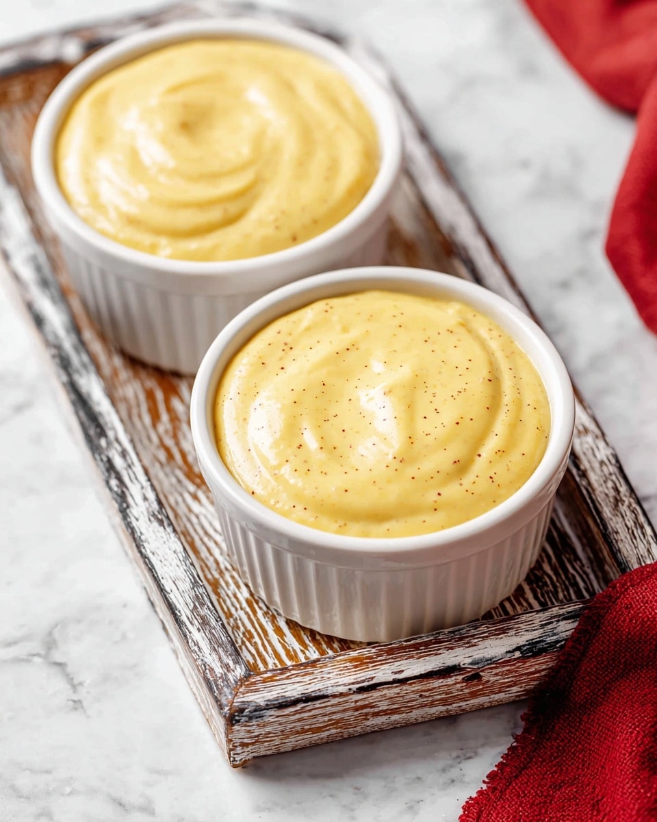 Two white ramekins filled with smooth, creamy mustard-yellow sauce with a light speckled texture are placed on a rustic wooden tray with worn white and dark gray wood patterns. The sauce in the ramekins is thick and swirled gently on top, showing a shiny, soft surface. The tray rests on a white marbled surface with subtle light and dark gray veins, and a hint of bright red fabric peeks in at the lower right corner of the image. Photo taken with an iphone --ar 4:5 --v 7