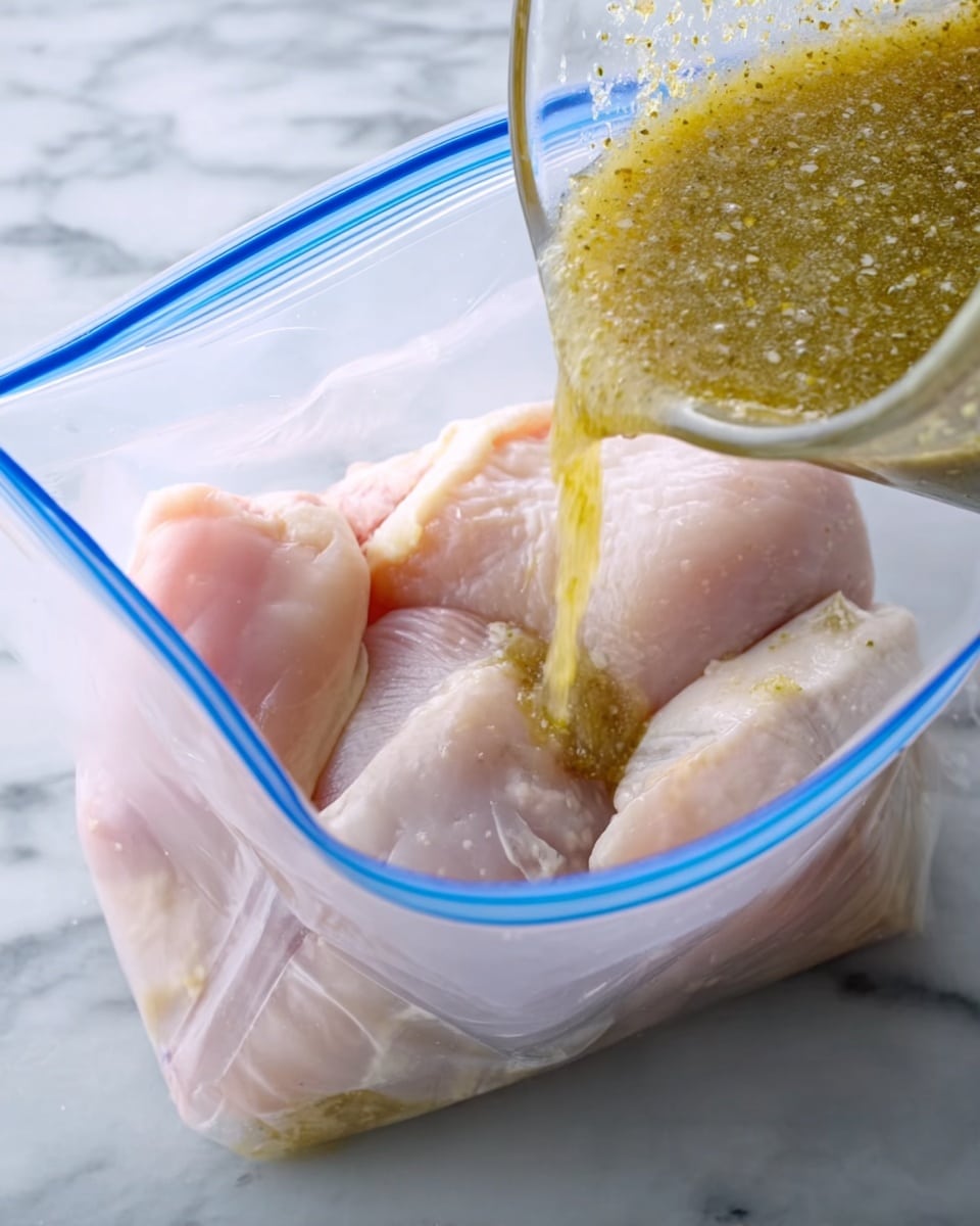 A transparent plastic zip lock bag holds several raw, pale pink pieces of chicken placed inside. From the left side, a clear glass cup is pouring a grainy, light olive-green sauce over the chicken inside the bag. The background is a white marbled surface. photo taken with an iphone --ar 4:5 --v 7