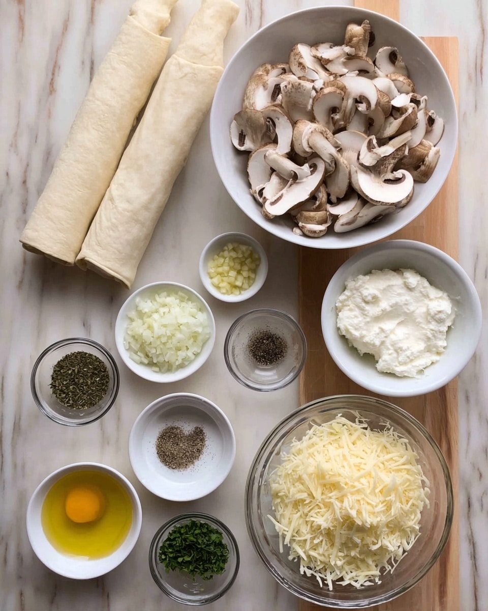 The image shows 10 different ingredients neatly arranged on a white marbled surface. At the top left, two rolled sticks of light-colored dough rest diagonally. Next to the dough, a white bowl is filled with many sliced light brown mushrooms. Below the mushrooms, another white bowl holds soft white cheese. In the middle row, there is a small white dish with black pepper on the left, and a larger small glass bowl filled with chopped white onions in the center. On the right, a glass bowl contains minced light yellow garlic. Below the pepper dish, a small white dish is filled with yellow olive oil, while next to it is a small white bowl holding mixed green dried herbs. Below the onions, there is a glass bowl stacked with shredded pale yellow cheese. At the bottom left corner, a glass bowl contains beaten light yellow eggs, and to its right, another glass bowl is filled with finely chopped green parsley. photo taken with an iphone --ar 4:5 --v 7