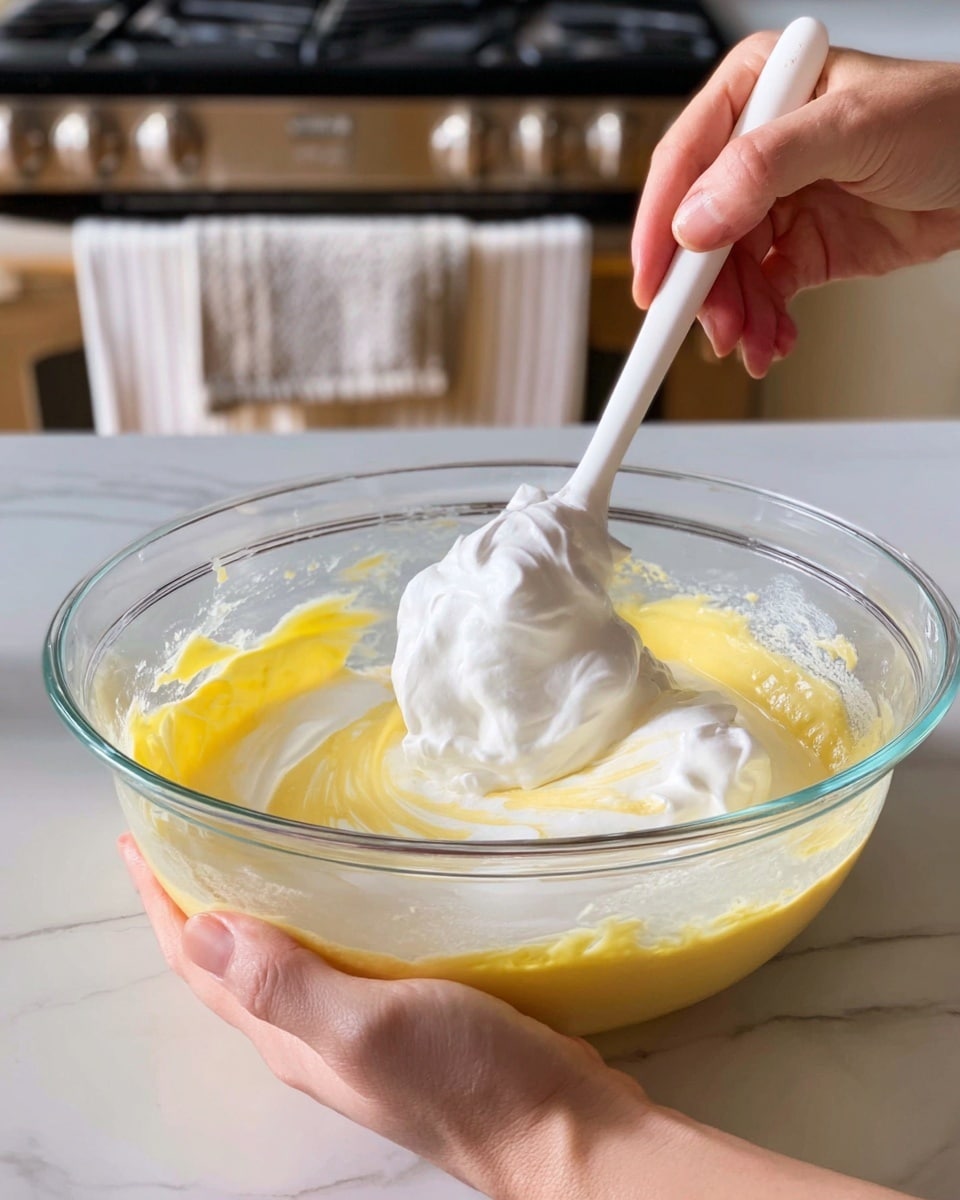 A clear glass bowl sits on a white marbled surface, filled with two visible layers of ingredients being mixed. The bottom layer is a pale yellow, smooth and creamy, while the top layer is a fluffy white foam with a light airy texture. A woman's hand holds the bowl steady, and another woman's hand uses a white spatula to gently fold the foam into the yellow mixture, creating swirling patterns. The background shows a kitchen setting with a stainless steel oven and a white towel with a green leaf pattern hanging nearby. Photo taken with an iphone --ar 4:5 --v 7