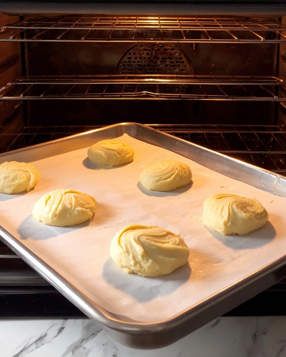 Five small, round dollops of pale yellow batter sit on a sheet of white parchment paper on a silver baking tray inside an oven. Each dollop is slightly uneven with soft, smooth texture and hints of shine, spaced out evenly across the tray. The oven rack above the tray is dark metal, and the overall scene is set against a white marbled texture. The batter looks soft and thick, ready to bake into a light, fluffy treat. photo taken with an iphone --ar 4:5 --v 7