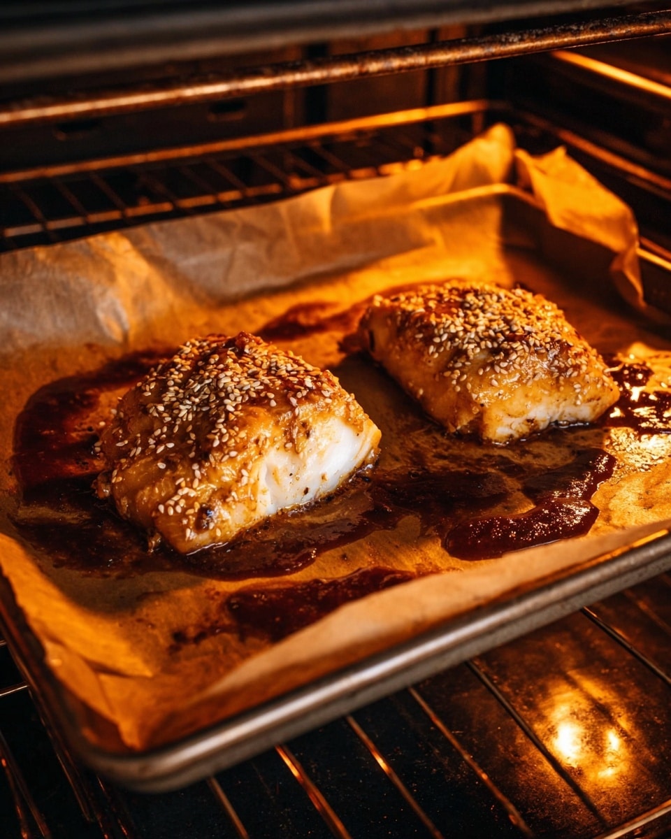 Two pieces of golden-brown baked fish sit on a baking tray lined with parchment paper inside an oven. The fish pieces are thick, with a slightly crispy, textured top sprinkled with white sesame seeds and small seasoning bits. There is a dark, rich sauce pooling around the fish on the parchment paper, adding a shiny, glossy look. The oven light casts a warm glow, highlighting the crispy edges and juicy texture of the fish. The tray is silver metal, resting on metal oven racks, with a blurred view inside the oven behind it. photo taken with an iphone --ar 4:5 --v 7