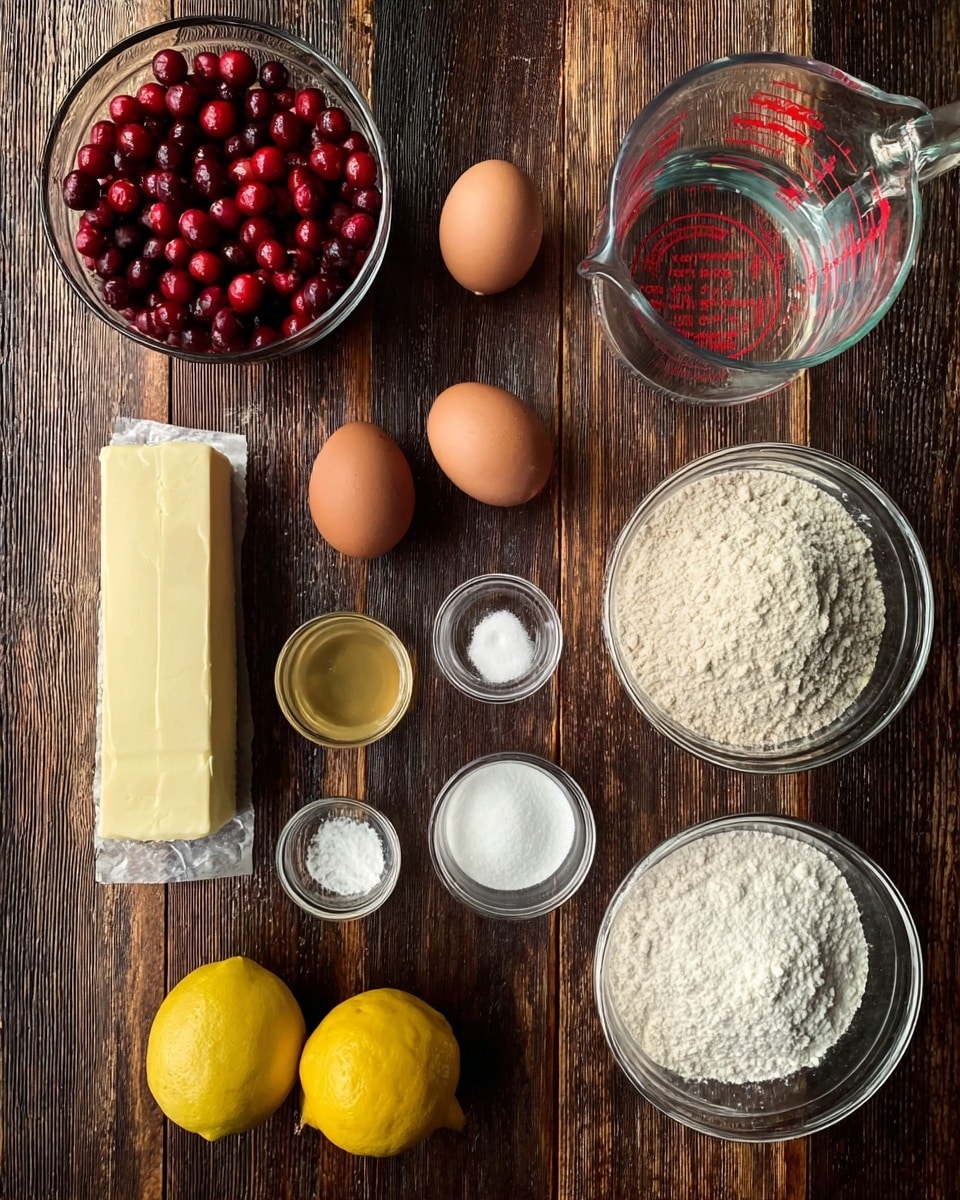 A top view of several clear glass bowls arranged on a white marbled surface, each holding different ingredients for baking: one bowl filled with shiny dark red cranberries, another with white granulated sugar, a larger bowl with white flour, and a smaller bowl with white powdered sugar. There is a clear glass measuring cup filled with water, a small glass bowl with golden liquid, and a tiny bowl containing salt. Three brown eggs and two whole bright yellow lemons are placed directly on the surface, along with a white stick of butter wrapped in paper. photo taken with an iphone --ar 4:5 --v 7