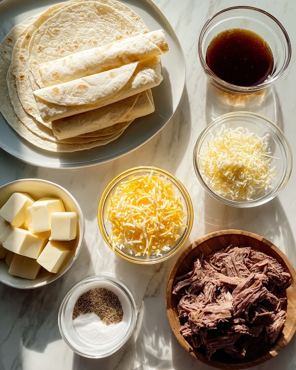 The image shows ingredients laid out on a white marbled surface for making a meal. On the left, there is a white plate with many soft, folded tortillas stacked together. Near the top center, a glass bowl holds a dark, shiny sauce with visible spices. To the right of this, on a wooden plate, are pieces of shredded cooked meat with a reddish-brown color. Below the sauce, there are two glass bowls filled with shredded pale yellow cheese. On the bottom left side, a smaller glass bowl contains two slices of pale yellow butter. Next to it is a small glass bowl with dark spices and a bit of white powder. Near the bottom center, there is another glass bowl with white granulated sugar. The ingredients are arranged with soft sunlight casting light and shadows across the scene. Photo taken with an iphone --ar 4:5 --v 7