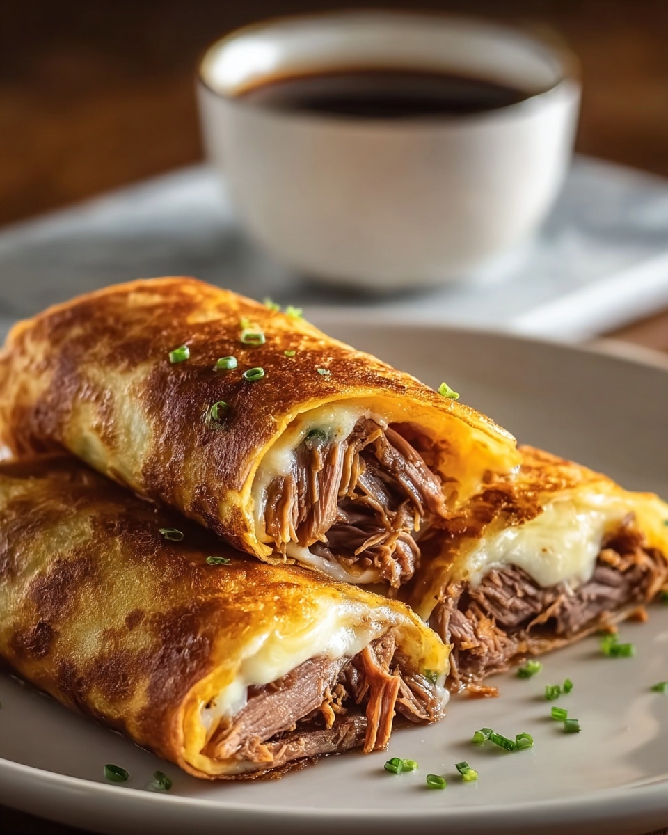 The image shows two rolled crepes placed side by side on a brown textured plate, each crepe filled with three visible layers of ingredients. The outer layer is a golden-brown crepe with a slightly crispy texture and visible browning dots. Inside, there is a thick layer of melted white cheese that looks soft and stretchy, followed by a layer of thinly sliced cooked meat with a pinkish-brown color and fibrous texture. Small green herb bits are sprinkled inside and on the plate for garnish. In the background, a white cup filled with a dark brown dipping sauce is slightly out of focus. The setting is on a white marbled surface. Photo taken with an iphone --ar 4:5 --v 7