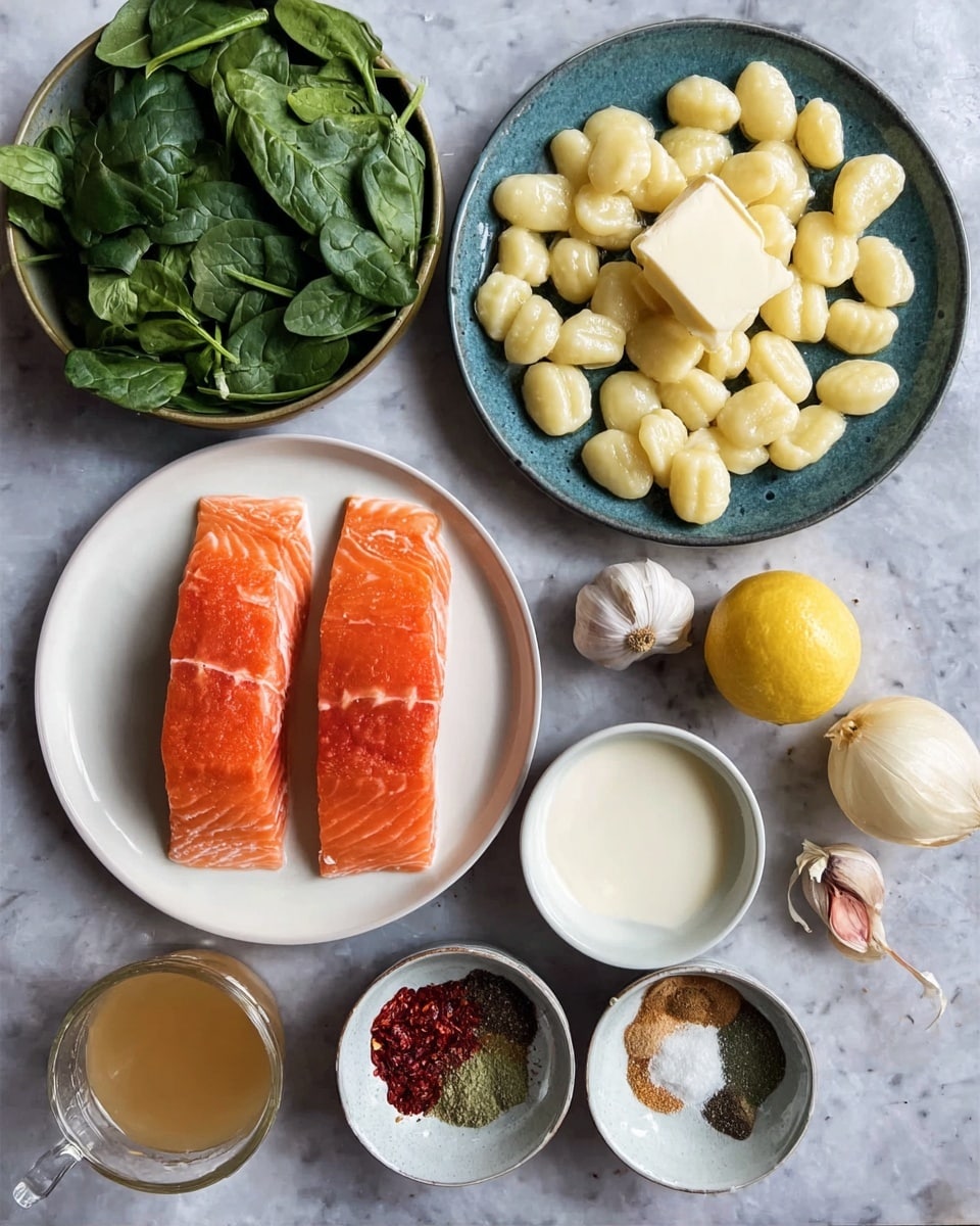 The image shows several dishes with ingredients on a white marbled surface. One white plate holds many small, pale yellow gnocchi with a large pat of butter on top. Another white plate has two bright orange salmon fillets placed side by side. A third white plate is filled with fresh, dark green spinach leaves. There is a small white bowl with a creamy white liquid, a smaller white bowl with three types of spices in red, green, and brown, and another small white bowl containing a red paste. Surrounding these dishes are a halved lemon, a yellow onion, a garlic clove, and a small clear cup with light brown broth. Photo taken with an iphone --ar 4:5 --v 7