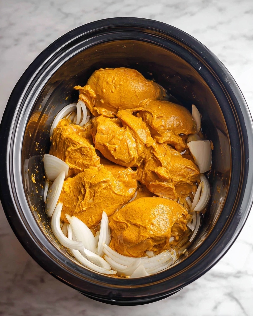 Inside a black slow cooker, there are two layers visible: the bottom layer is made of sliced white onions with translucent rings, spread evenly across the base; the top layer has five large pieces of raw chicken coated in thick, bright orange-yellow marinade, covering the onion layer almost fully. The slow cooker sits on a white marbled surface. photo taken with an iphone --ar 4:5 --v 7