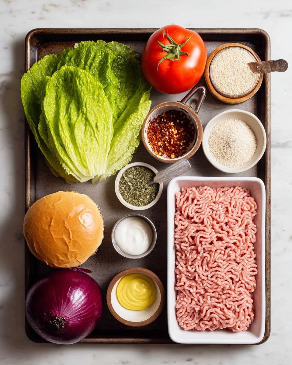 This image shows raw ingredients arranged neatly on a dark baking tray placed on a white marbled surface. On the right side, there is a white plastic tray filled with light pink ground meat. To the left of it, there is a fresh green leafy lettuce with visible folds and texture. Near the bottom left corner, a whole purple onion with shiny skin and to its right is a soft light brown sandwich bun. Above the bun, a bright red tomato with a green stem sits next to a small wooden bowl filled with black pepper. Next to the tomato, a metal measuring cup is filled with light beige breadcrumbs. Above the breadcrumbs, a small white dish holds a mixture of red chili flakes and green dried herbs. To the right of that, a whole light brown onion rests beside a small white bowl with yellow mustard and a small brown bowl filled with white mayonnaise. Just below the onion, a small clay bowl contains white salt with a tiny wooden spoon resting inside. The arrangement is clean and colorful, showcasing fresh, raw and seasoning ingredients. Photo taken with an iphone --ar 4:5 --v 7