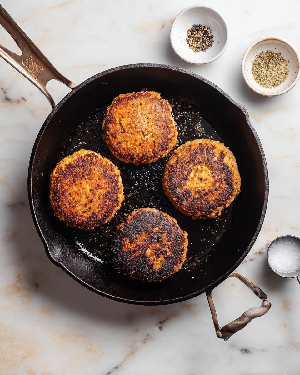 A black cast iron pan holds four round brown patties with a crispy, browned crust, each showing different shades of golden and dark brown with some rough texture. The pan sits on a white marbled surface. Around the pan, there are three small white bowls with contents: one with coarse black pepper, another with a white powder, and the third is empty but placed near a small metal measuring cup. The pan's handle extends to the left, and the whole scene is bright and clear. Photo taken with an iphone --ar 4:5 --v 7