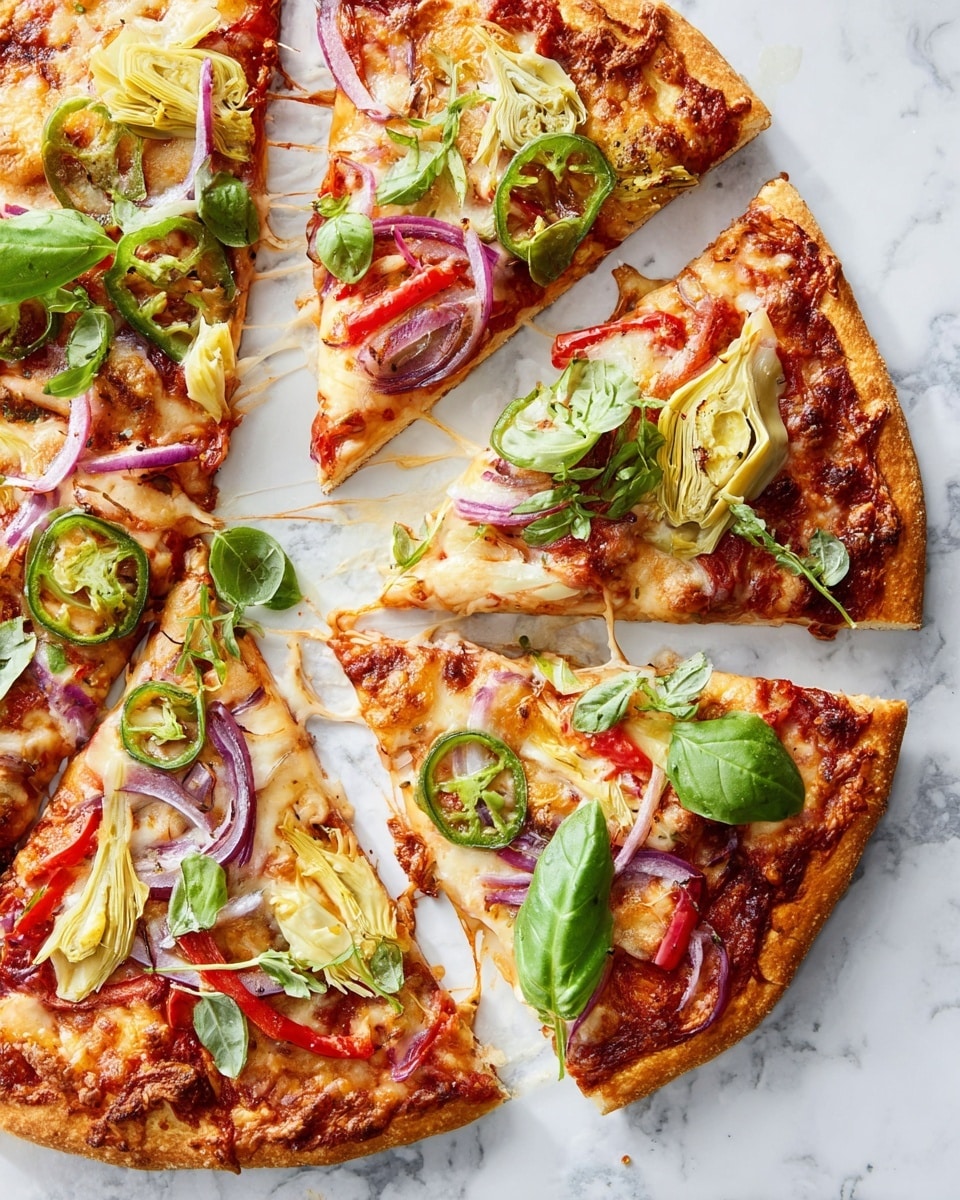 A pizza with eight slices is shown on a white marbled surface. The base is a golden-brown crust with a layer of melted cheese and tomato sauce. On top, there are layers of red onion slices, green jalapeño rings, light yellow artichoke hearts, and bright red bell pepper strips. Fresh green basil leaves are scattered over the pizza, adding a fresh color contrast. One slice is being lifted, showing the cheese stretching slightly. Photo taken with an iphone --ar 4:5 --v 7