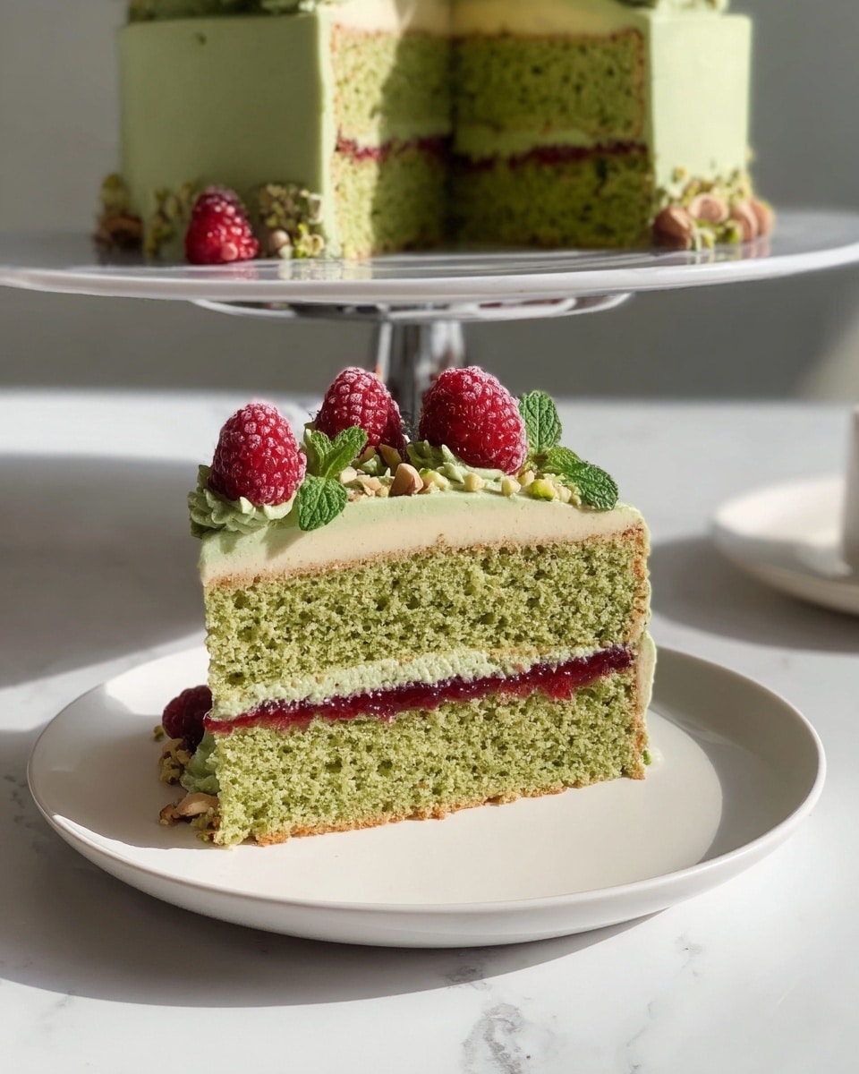 A slice of green layered cake sits on a white plate, showing two thick layers of green sponge cake with a creamy light green frosting layer in the middle. Between the sponge and frosting, there is a bright red berry jam layer that adds contrast. On top of the slice, there is a thick layer of light green frosting decorated with fresh red raspberries, small green mint leaves, and chopped nuts. The whole cake, also green with two layers and light green frosting in between, is placed in the background on a white plate on a silver cake stand, all set on a white marbled surface. Photo taken with an iphone --ar 4:5 --v 7
