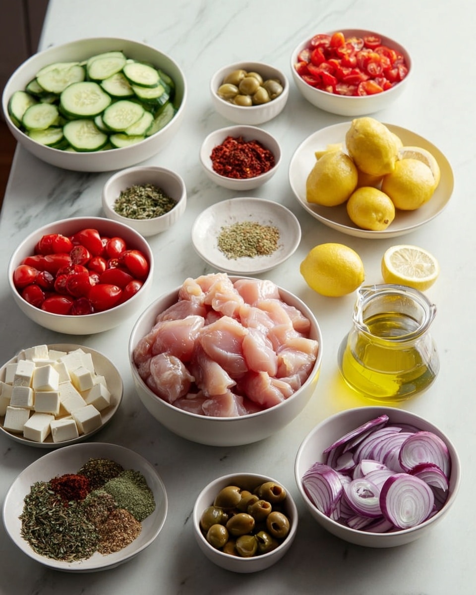 A white bowl holds a large amount of raw pink chicken pieces in the center back of the image. Surrounding it are smaller white bowls and plates arranged neatly. To the left, there are thick green cucumber slices on a white plate, and bowls filled with bright red chopped tomatoes and cherry tomatoes sit near the center. In front, a white bowl contains white cubes of cheese. On the right side, a white bowl holds thick wedges of purple onion, next to half and whole yellow lemons. A small clear glass jar with golden olive oil is near the lemons. Additional smaller bowls contain green herbs, brown dried sun-dried tomatoes, mixed dried spices, and green olives. The whole setup lays on a clean white marbled surface with soft natural light. Photo taken with an iphone --ar 4:5 --v 7