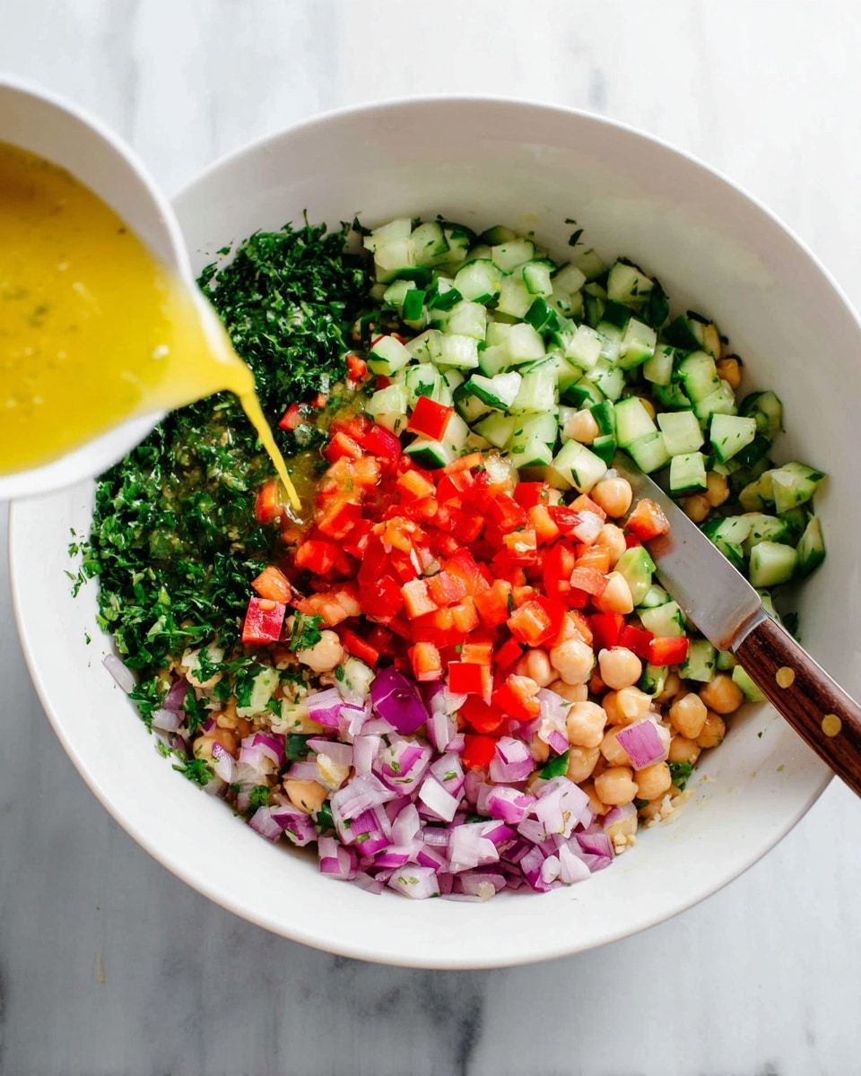 A white bowl is filled with chopped colorful ingredients in neat sections: dark green chopped herbs on the left, light and dark green diced cucumber at the top, bright red diced bell pepper in the middle, and small square pieces of purple onion on the right. At the bottom, there are light beige chickpeas and grains visible. A yellow liquid dressing is being poured over the bowl from the top left, with a wooden-handled knife resting inside the bowl on the right side. The bowl sits on a white marbled surface. Photo taken with an iphone --ar 4:5 --v 7