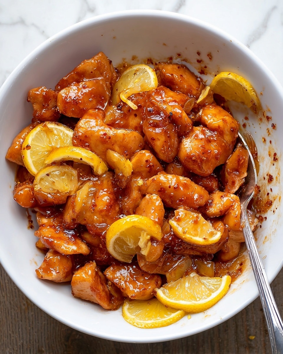 A white bowl holds bite-sized pieces of raw chicken coated in a glossy, reddish-brown sauce with visible spices, mixed with bright yellow lemon slices. The chicken pieces are shiny and smooth, evenly covered in the thick sauce, and the lemon slices add a fresh contrast with their slightly wet texture and a few darker spots from the spices. A small silver spoon rests inside the bowl, slightly submerged in the mixture, and the bowl sits on a white marbled surface. photo taken with an iphone --ar 4:5 --v 7