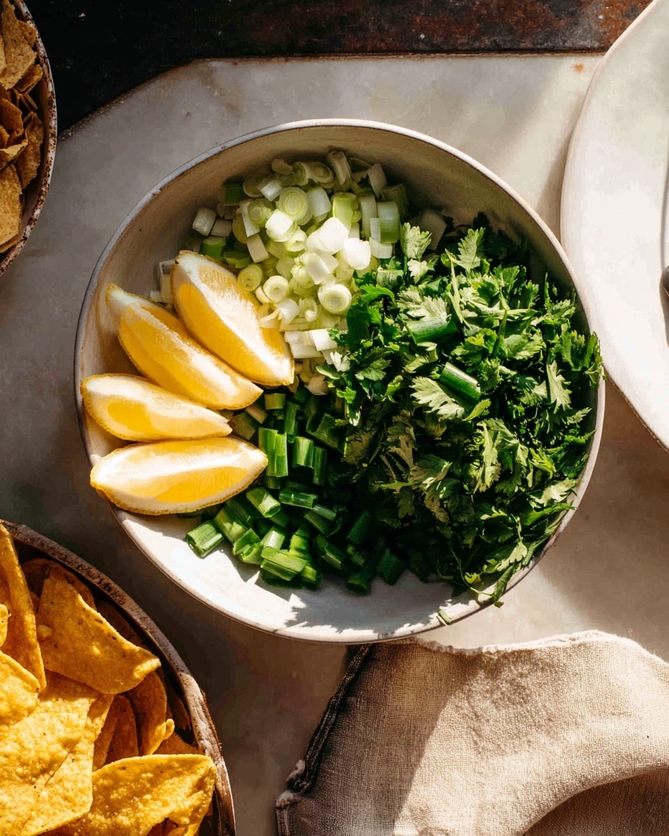 A white ceramic bowl filled with four lemon wedges arranged on the left side, a layer of thinly sliced green onions in the middle, and a large pile of chopped fresh cilantro on the right side. The bowl is resting inside a slightly bigger white bowl, placed on a white marbled surface. To the left, there are some yellow corn chips partially visible, and to the right, part of a white plate and a beige cloth napkin are seen. The lighting is warm and natural, highlighting the fresh green colors and the texture of the herbs and onions. Photo taken with an iphone --ar 4:5 --v 7