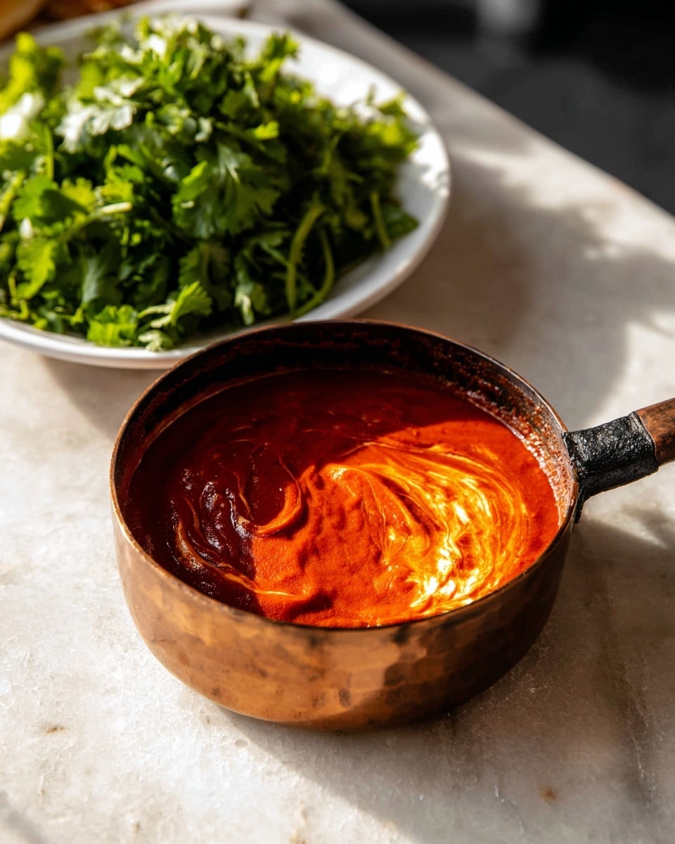 A small round copper pot with a dark handle holds a thick sauce with two main layers: a bright deep red base layer and a shiny light orange layer swirled on top, creating a smooth, glossy texture. In the background, there is a white bowl filled with fresh, chopped dark green herbs, adding a fresh contrast to the rich sauce. The pot and bowl are placed on a white marbled surface, softly lit with natural light, showing some shadows and reflections. photo taken with an iphone --ar 4:5 --v 7