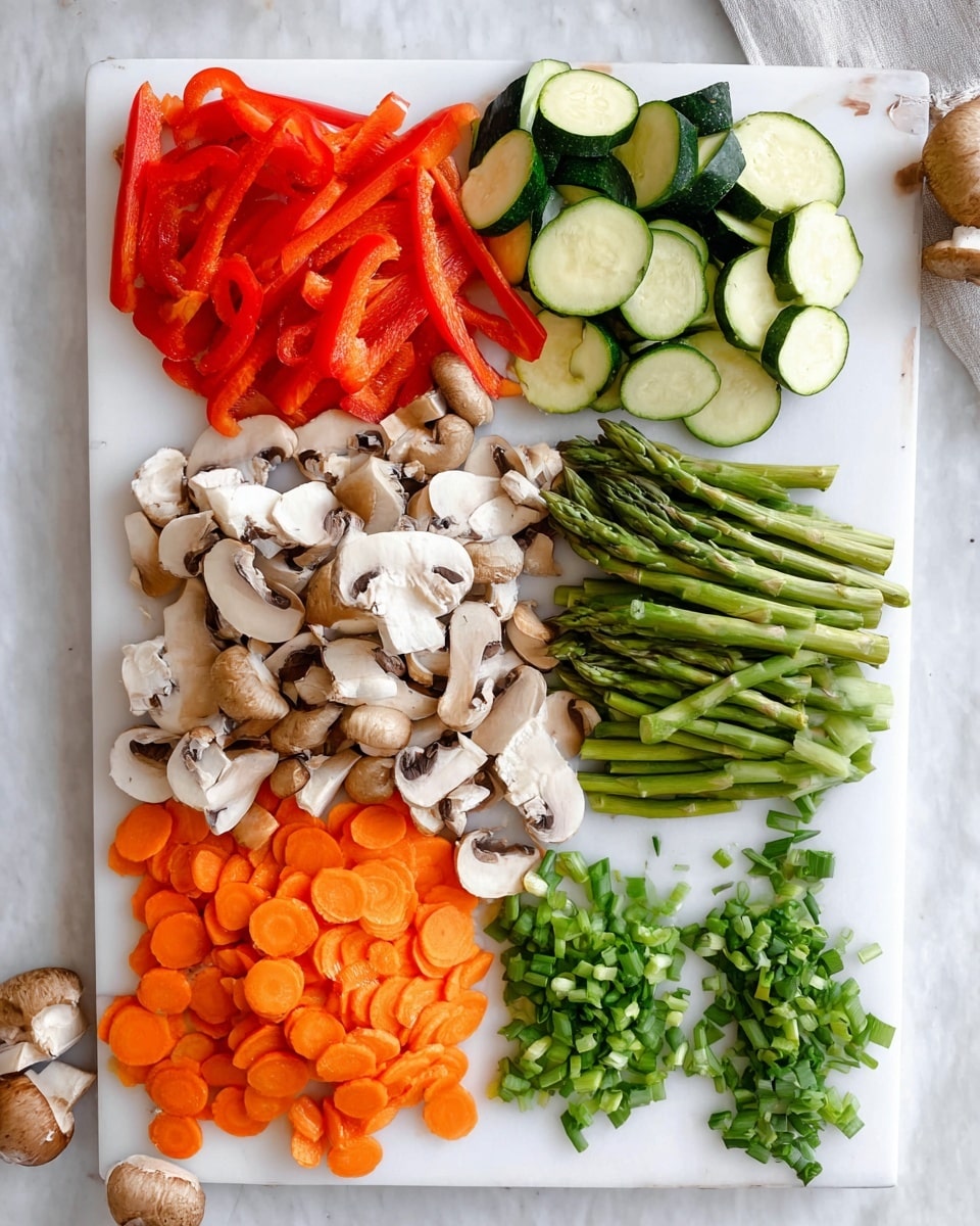 The image shows a white cutting board placed on a white marbled surface, with five groups of chopped vegetables arranged neatly. In the top left corner, there are bright red bell pepper strips; to the right of these, green zucchini quarter-moon slices are stacked. Below the peppers, there are many sliced mushrooms with a smooth light brown and white texture. To the right of the mushrooms, a pile of cut green asparagus pieces is present. Below the mushrooms on the bottom left is a stack of thick orange carrot slices, and next to them on the bottom right, a small pile of finely chopped green onions is arranged. Some whole mushrooms and whole asparagus are seen scattered around the board. Photo taken with an iphone --ar 4:5 --v 7