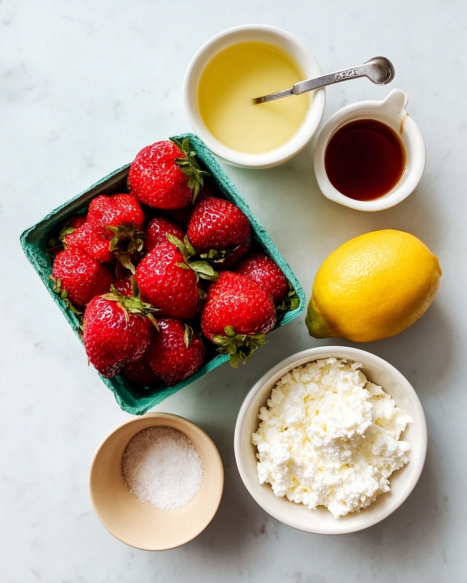 A top view of several ingredients placed on a white marbled surface: at the center, a green carton filled with bright red strawberries with green leafy tops; above it, a silver measuring spoon containing dark brown liquid, next to a small white bowl with pale yellow liquid; below the strawberries, a whole yellow lemon and a white bowl filled with white cottage cheese; and at the bottom, a small round beige bowl holding some coarse salt. Photo taken with an iphone --ar 4:5 --v 7