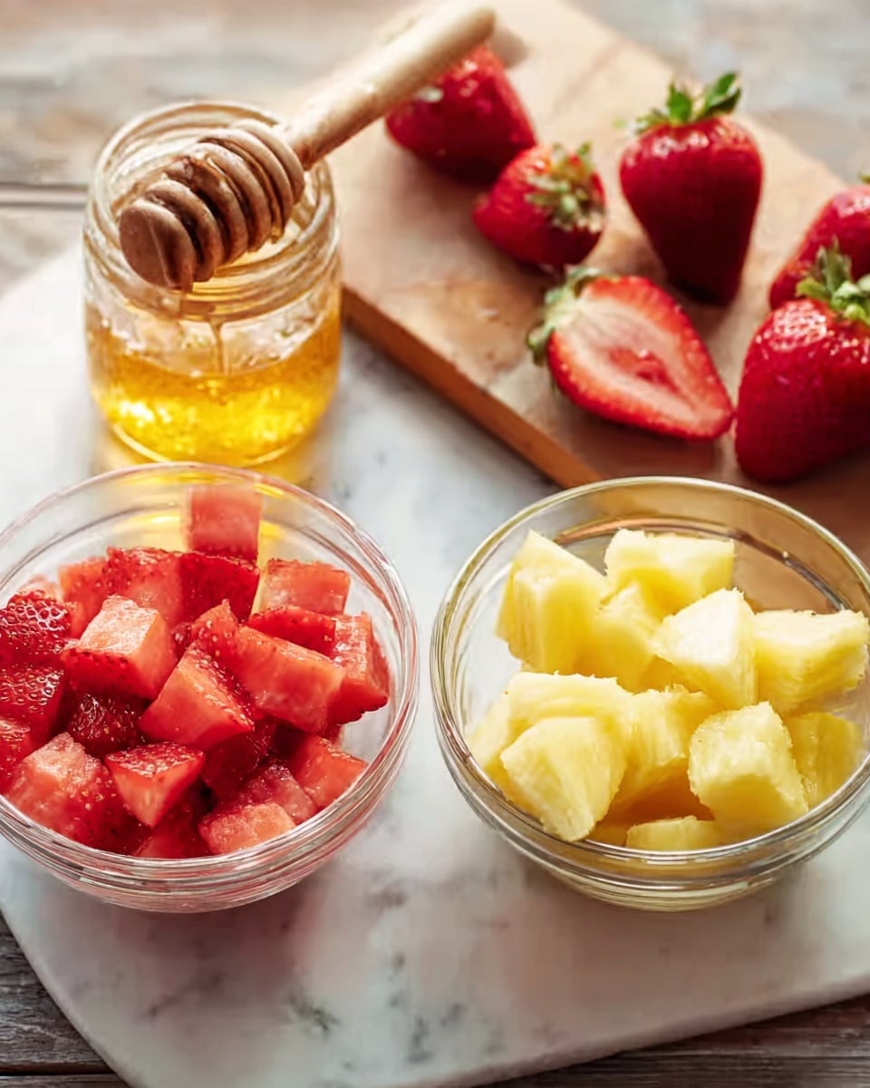 The image shows two clear glass bowls side by side on a white marbled surface. The left bowl is filled with bright red, cubed strawberries, with a soft smooth texture. The right bowl has light yellow pineapple chunks, with a slightly translucent, juicy look. Behind the bowls is a small glass jar of golden honey with a wooden honey dipper resting inside it. To the right, a wooden board holds several whole red strawberries, some with green tops and some cut in half, showing their juicy interior. The scene is bright with natural lighting, and a woman's hand is not visible in the image. photo taken with an iphone --ar 4:5 --v 7