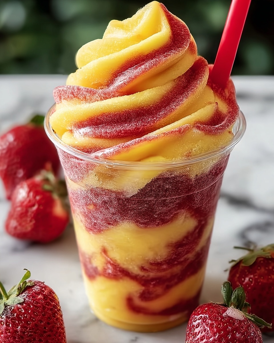 A tall clear glass jar filled with a smoothie that has three visible layers: the bottom layer is a bright pink with a slightly thick texture, the middle layer is a pale yellow with a smooth look, and the top layer is a light mix of the two colors with a light foam. On top, there is a whole red strawberry with green leaves and a small triangular yellow pineapple piece beside it. A black straw with white polka dots stands inside the jar. The jar sits on a white marbled surface with another strawberry blurred in the background. photo taken with an iphone --ar 4:5 --v 7