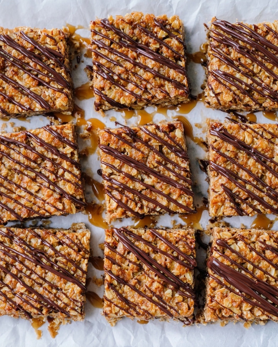 The image shows a close-up of fifteen square oat bars arranged neatly in three rows of five on white parchment paper, placed on a white marbled surface. Each bar has a rough texture with visible oats and coconut flakes that are golden brown in color, topped with a thin drizzle of dark chocolate in diagonal lines from top left to bottom right. Some sticky caramel syrup is visible around the edges on the parchment paper, adding a shiny contrast to the matte oat bars. photo taken with an iphone --ar 4:5 --v 7