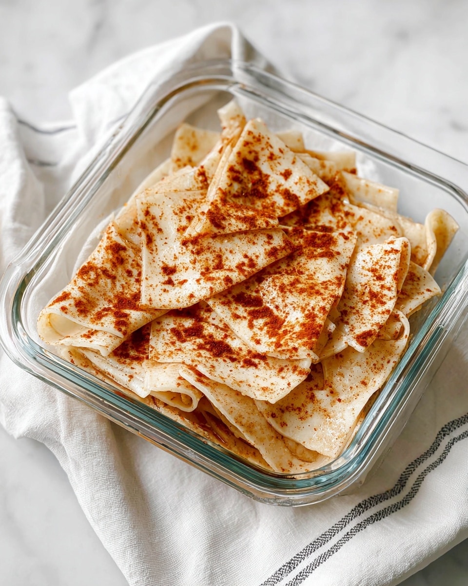 A clear glass square dish filled with layers of light beige folded flat noodles, with some folds showing creased and wrinkled texture. The noodles are unevenly stacked, with three to four visible layers arranged in a rough, irregular way. On top, the noodles are splashed and dusted with a reddish-brown sauce or spice, giving a mottled appearance with some darker spots. The dish sits on a white marbled surface with a soft white cloth with thin gray stripes beside it. photo taken with an iphone --ar 4:5 --v 7