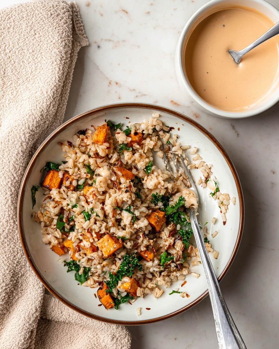 The image shows a white bowl with a thin brown rim holding a mix of cooked brown rice, small orange-brown roasted sweet potato cubes, and green leafy kale pieces. There is a silver fork inside the bowl, partially buried in the food. To the top right of the bowl is a small white bowl with a light orange creamy sauce, with a spoon resting inside it. The bowls are on a white marbled surface, and to the left side of the frame is a soft beige textured cloth. The food looks slightly mixed with some remnants stuck to the bowl. photo taken with an iphone --ar 4:5 --v 7