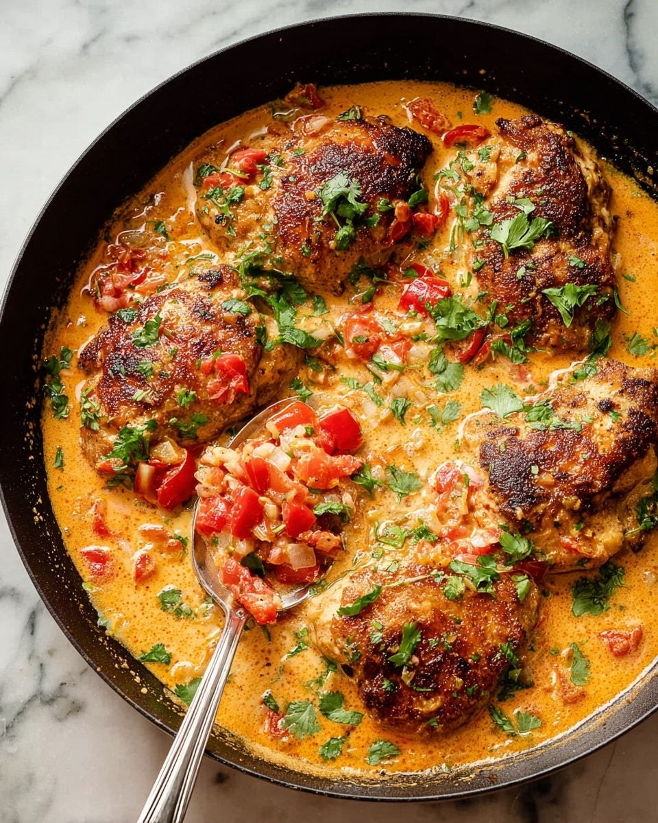 The image shows a pan filled with four browned chicken pieces, covered with a creamy orange sauce that has visible chunks of red tomatoes and small bits of onions. The sauce surrounds the chicken evenly and is garnished with fresh green cilantro leaves. The browned chicken skin has a textured look, with some parts darker and crispier. Bright red and green vegetable pieces are scattered throughout the sauce, adding splashes of color. The scene is vibrant with warm colors and fresh herbs on a white marbled surface. photo taken with an iphone --ar 4:5 --v 7