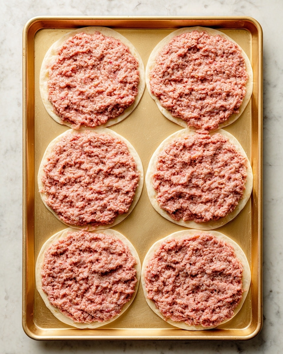 The image shows five round pizza crusts placed on a gold baking tray, each topped with a thick layer of raw ground meat spread evenly across the surface. The crusts are light beige and thin, visible around the edges under the textured, uneven pinkish-brown meat layer that covers almost the entire top. The baking tray has a smooth surface with slightly raised edges and is positioned on a white marbled background. photo taken with an iphone --ar 4:5 --v 7