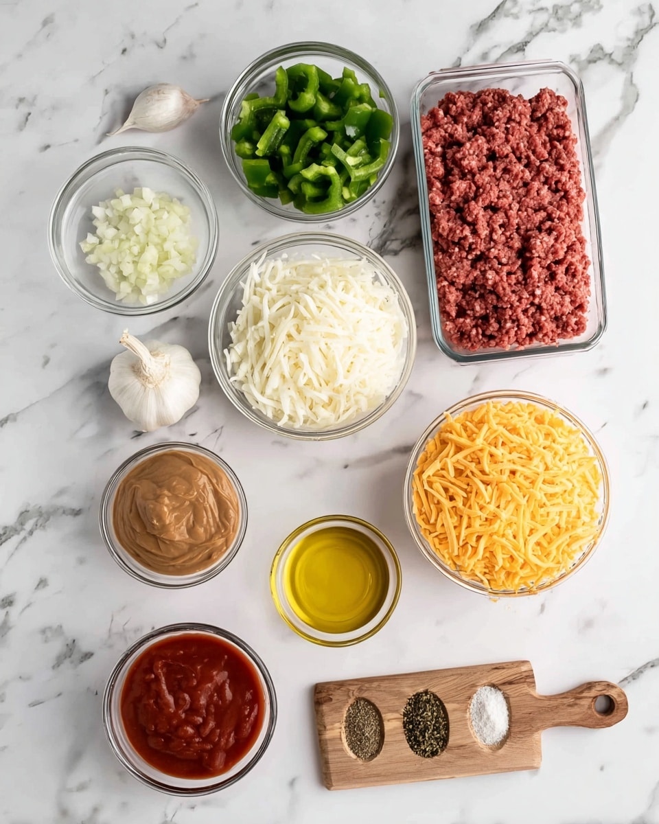 The image shows several ingredients placed separately on a white marbled surface. There is a small glass bowl of finely chopped garlic at the top left, next to a bowl of chopped green bell peppers. Below them is a bowl of creamy brown refried beans and a bowl of shredded bright orange cheddar cheese. To the left is a bowl of chopped white onions while in the center is a rectangular clear plastic container with raw red ground beef inside. Below the beef are two small glass bowls, one with red tomato sauce and the other with yellow cooking oil. On the right side is a small wooden cutting board with five spices arranged vertically in small piles, including black pepper, salt, chili powder, cumin, and dried oregano. Photo taken with an iphone --ar 4:5 --v 7