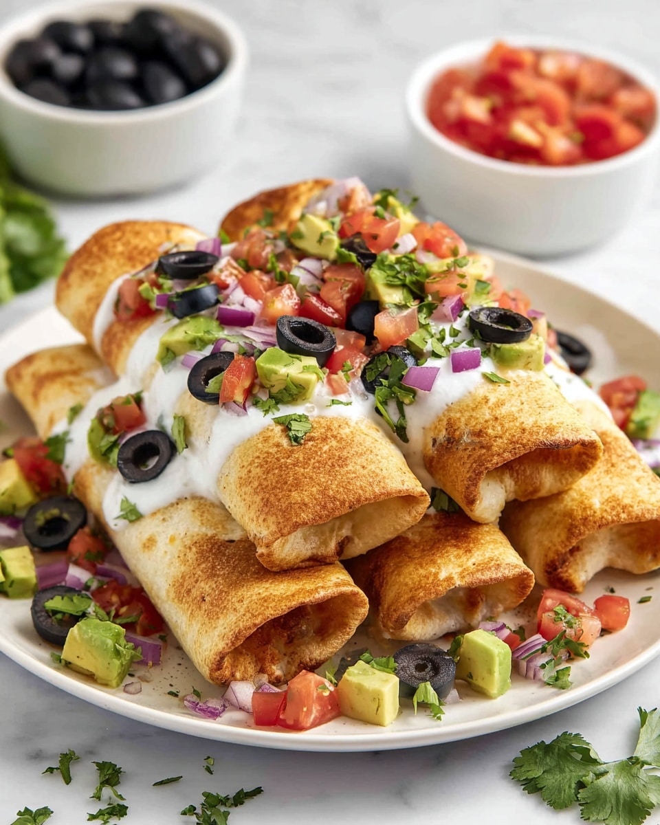 A white plate holds five golden brown rolled burritos stacked in two layers, with three burritos on the bottom and two on top. Each burrito is topped with a white creamy sauce spread down the middle, and scattered with small diced green avocado, red tomatoes, purple onions, black olive slices, and green cilantro leaves. Around the plate edges, fresh cilantro leaves, diced tomatoes, avocado pieces, and onion bits add extra color and texture. In the background, two white bowls hold black olives and diced tomatoes, all placed on a white marbled surface. photo taken with an iphone --ar 4:5 --v 7