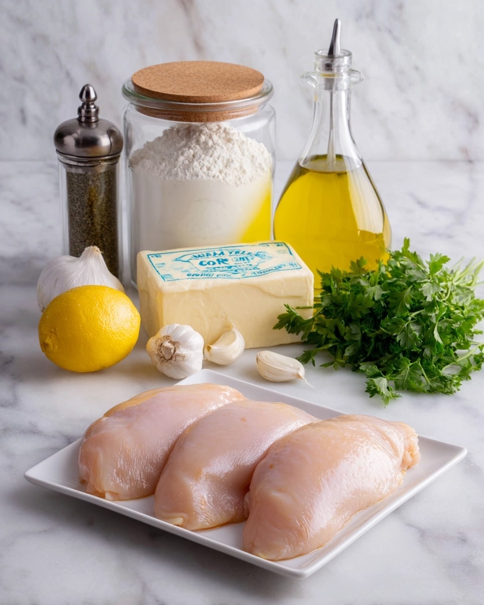 Three raw chicken pieces are placed side by side on a white square plate at the front bottom of the image, showing their smooth, pale pink texture with slight shine. Behind the plate, there is a group of ingredients: to the left, a whole lemon and four peeled garlic cloves lie on a white marbled surface; in the center back, a clear glass jar filled with white flour topped with a wooden lid, holding a block of unsalted butter with blue and black text. Next to it, a tall glass bottle filled with yellow olive oil with a metal spout is placed slightly to the right. On the right side, a small clear spice jar with a white lid contains Italian seasoning, and beside it, a bunch of fresh green parsley adds color contrast. A salt and pepper grinder stand to the left of the jar of flour. The background and surface both have a white marbled texture. Photo taken with an iphone --ar 4:5 --v 7