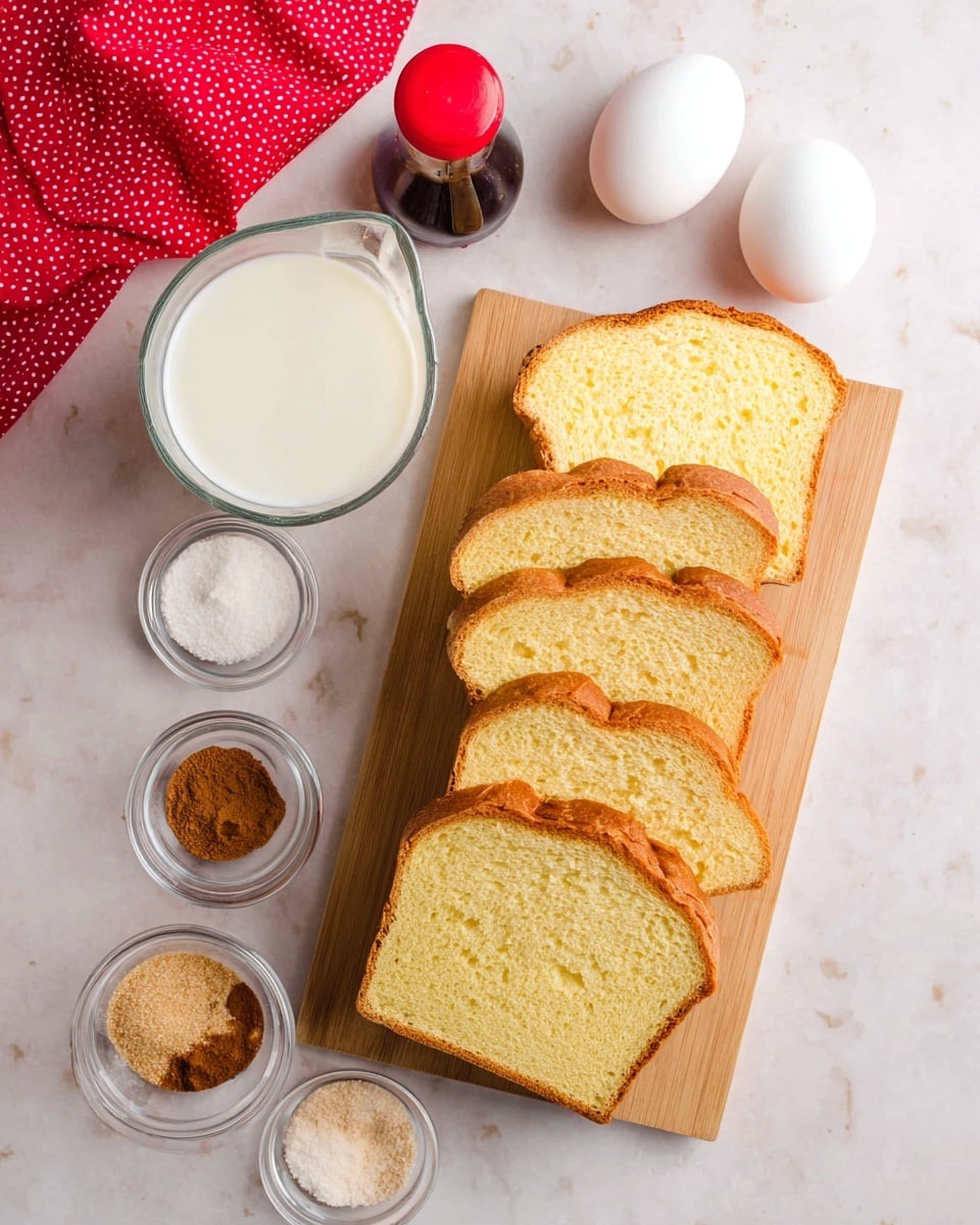 The image shows five slices of light yellow bread with a soft texture arranged in a slightly overlapping pattern on a small wooden cutting board in the center. Above the bread, there are two whole white eggs placed next to each other on a white marbled surface. Near the eggs, there is a clear glass measuring cup filled with white milk. On the left side, a small clear glass bowl holds light brown sugar, and below it, another small clear glass bowl contains white sugar and light brown cinnamon powder split into halves. A small dark bottle with a red cap rests next to the bowls. A red cloth with white dots is partially visible at the upper left corner. photo taken with an iphone --ar 4:5 --v 7