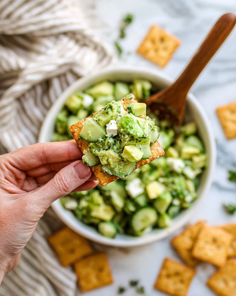 A woman's hand holds a square cracker topped with a mix of green diced cucumber, light green avocado cubes, and small white cheese pieces, all mixed with a green herb dressing. In the background, a white bowl is filled with the same green salad mix, with a wooden spoon resting inside. Around the bowl, there are a few scattered pieces of golden crackers on a white marbled surface, along with a soft, striped cloth in neutral tones. The scene is bright and fresh, focusing on the vibrant green colors of the salad ingredients photo taken with an iphone --ar 4:5 --v 7