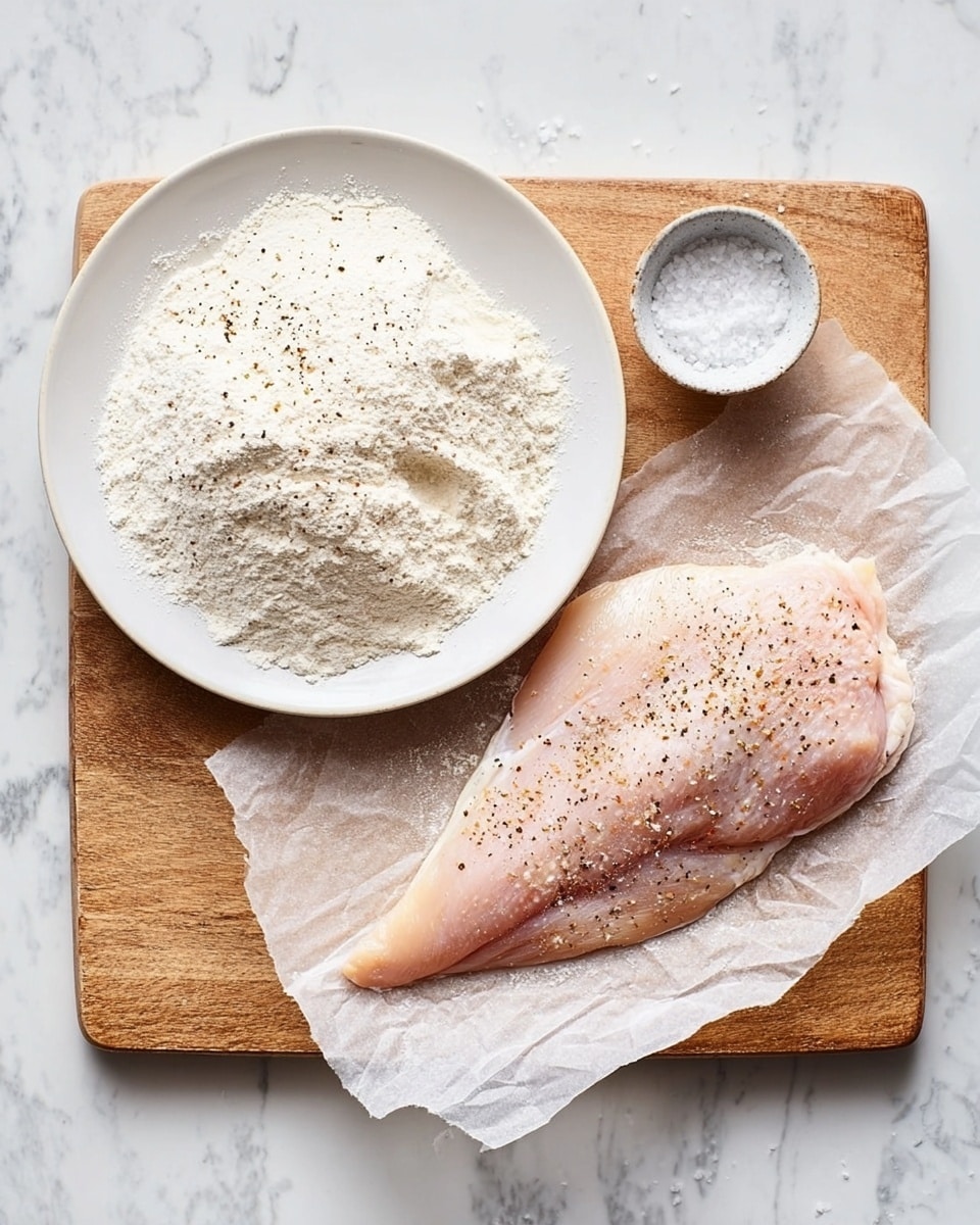 The image shows a wooden board on a white marbled surface with two main items: on the left, a white plate filled partially with white flour where a raw chicken piece, pale pink with black pepper sprinkled on top, is placed flat on the flour; on the right, a raw chicken piece dusted with flour rests on a crinkled white baking paper. Above the board is a small white bowl with coarse salt. The overall scene is clean and bright with a smooth texture on the chicken and powdery flour scattered lightly. photo taken with an iphone --ar 4:5 --v 7
