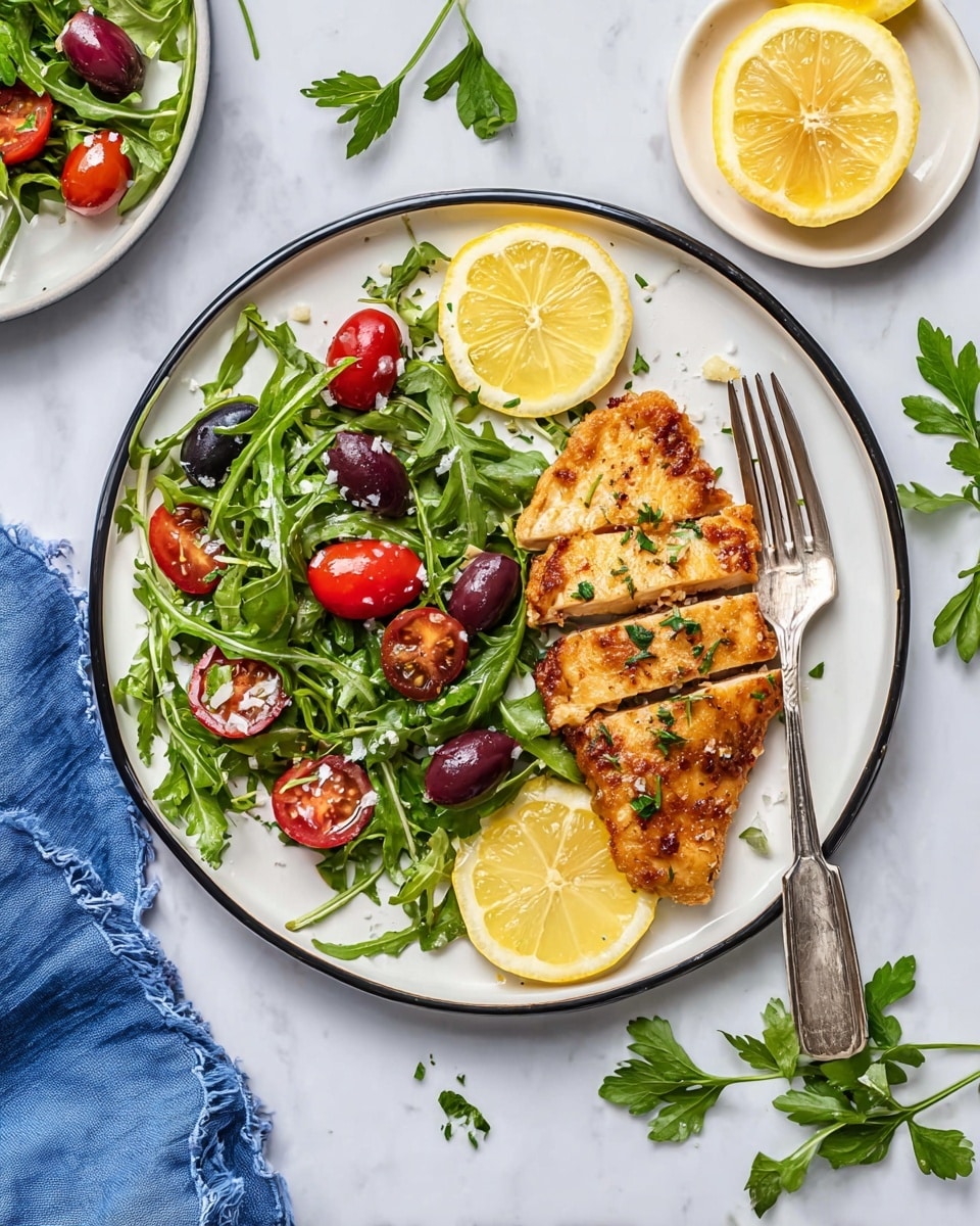 A white plate with a black rim holds a dish divided into two main parts: on the left, fresh green arugula leaves mixed with halved red cherry tomatoes and sliced purple olives; on the right, a cooked golden-brown piece of chicken sliced into three pieces, garnished with small white salt flakes and chopped herbs, topped with thin yellow lemon slices resting partly on the chicken and the plate; a silver fork lies on the right side of the plate next to the chicken; near the plate on the white marbled surface, there are green parsley leaves scattered around and a small white plate holding a yellow lemon wedge; a blue cloth is partially visible on the bottom left side of the image photo taken with an iphone --ar 4:5 --v 7