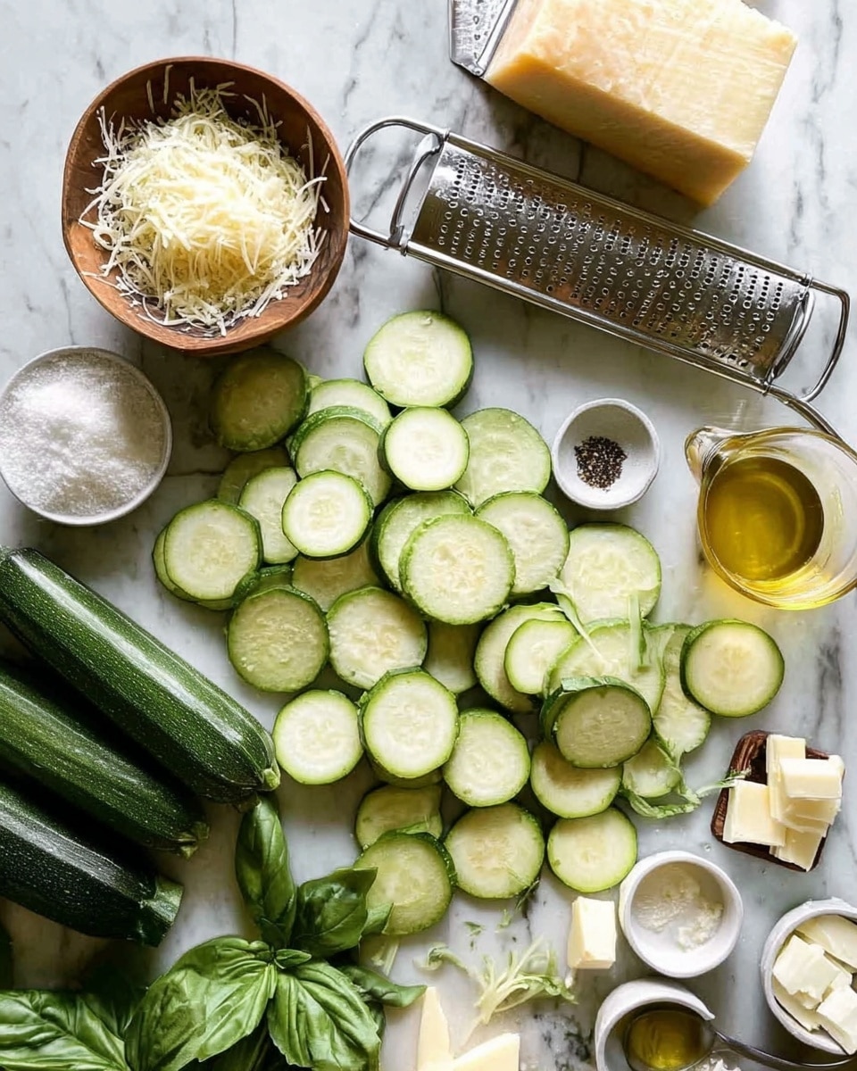The image shows many thin round slices of green zucchini spread on a white marbled surface, with some whole and partly sliced zucchinis nearby. There is a wooden bowl filled with grated cheese in the upper left corner, a block of cheese resting on a metal grater, and a small white bowl with black pepper near the center. A glass container filled with golden oil is placed on the right side. Fresh green basil leaves lay at the bottom left, and three small white bowls containing butter, salt, and some other white ingredient sit near the bottom right. A woman's hand is holding a metal tool near the block of cheese. photo taken with an iphone --ar 4:5 --v 7