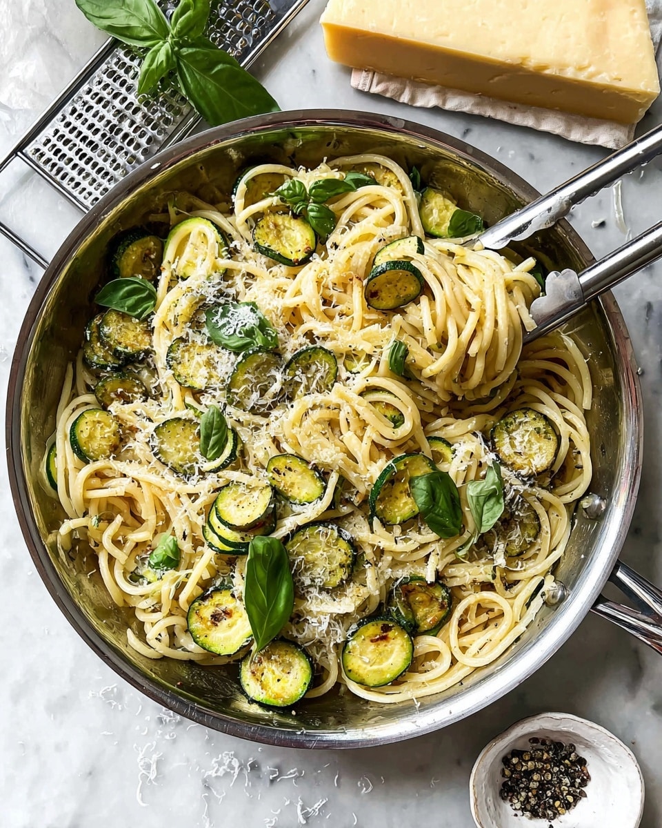 In a large silver pan, there is a dish with three main layers. The bottom layer is made of long, twisted light yellow pasta, soft and shiny. On top of this, there are pieces of cooked green zucchini, round and slightly browned on the edges, spread evenly. Scattered among the pasta and zucchini are dark green fresh basil leaves, some whole and some torn. The dish is sprinkled with fine white grated cheese, adding a light dusting texture on top. A pair of silver tongs is holding some pasta above the pan. In the background, a block of light tan cheese sits on a silver grater on a white marbled surface, with more grated cheese around. A small white dish with cracked black pepper is seen near the bottom right corner. photo taken with an iphone --ar 4:5 --v 7
